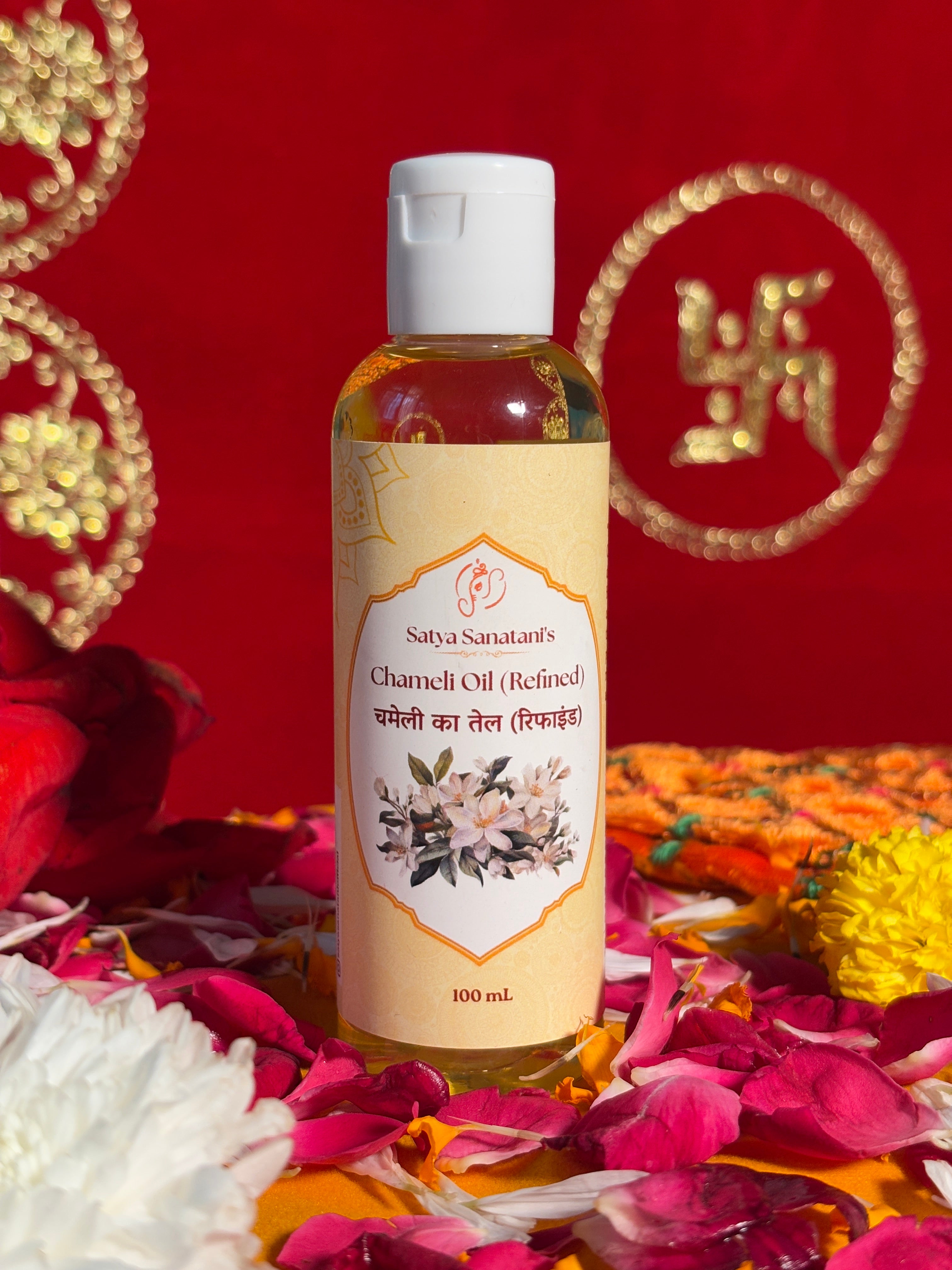 100ml Chameli Oil bottle for Hanuman Ji puja, front view