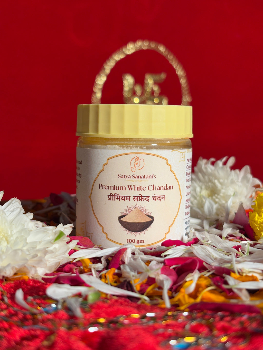 100gm White Chandan jar front view with red sacred background