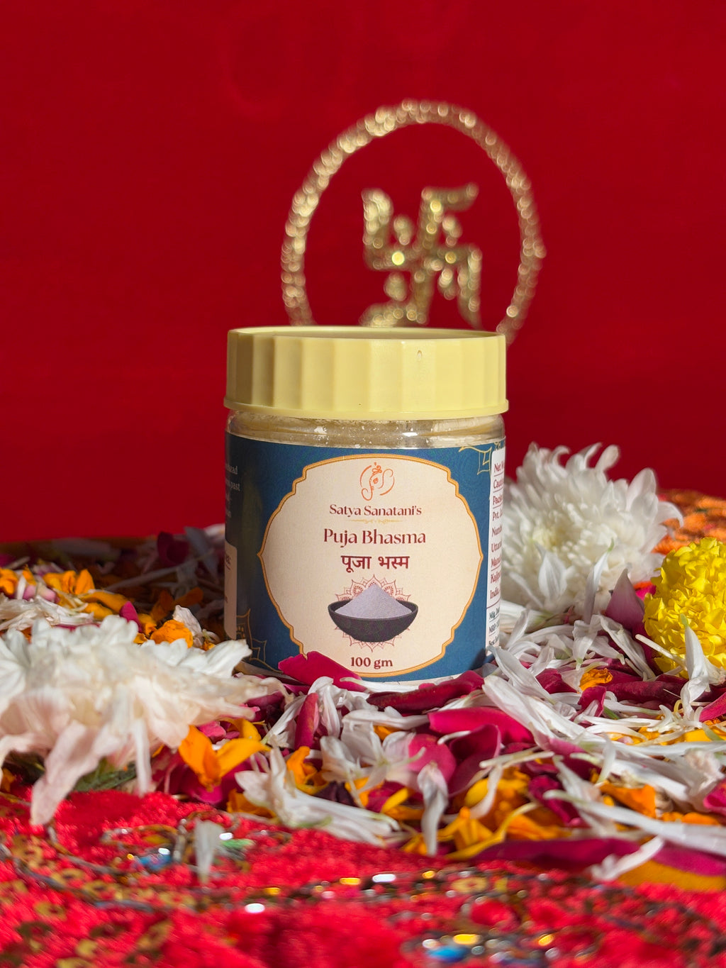 Premium devotional Bhasma container front view with Swastik backdrop