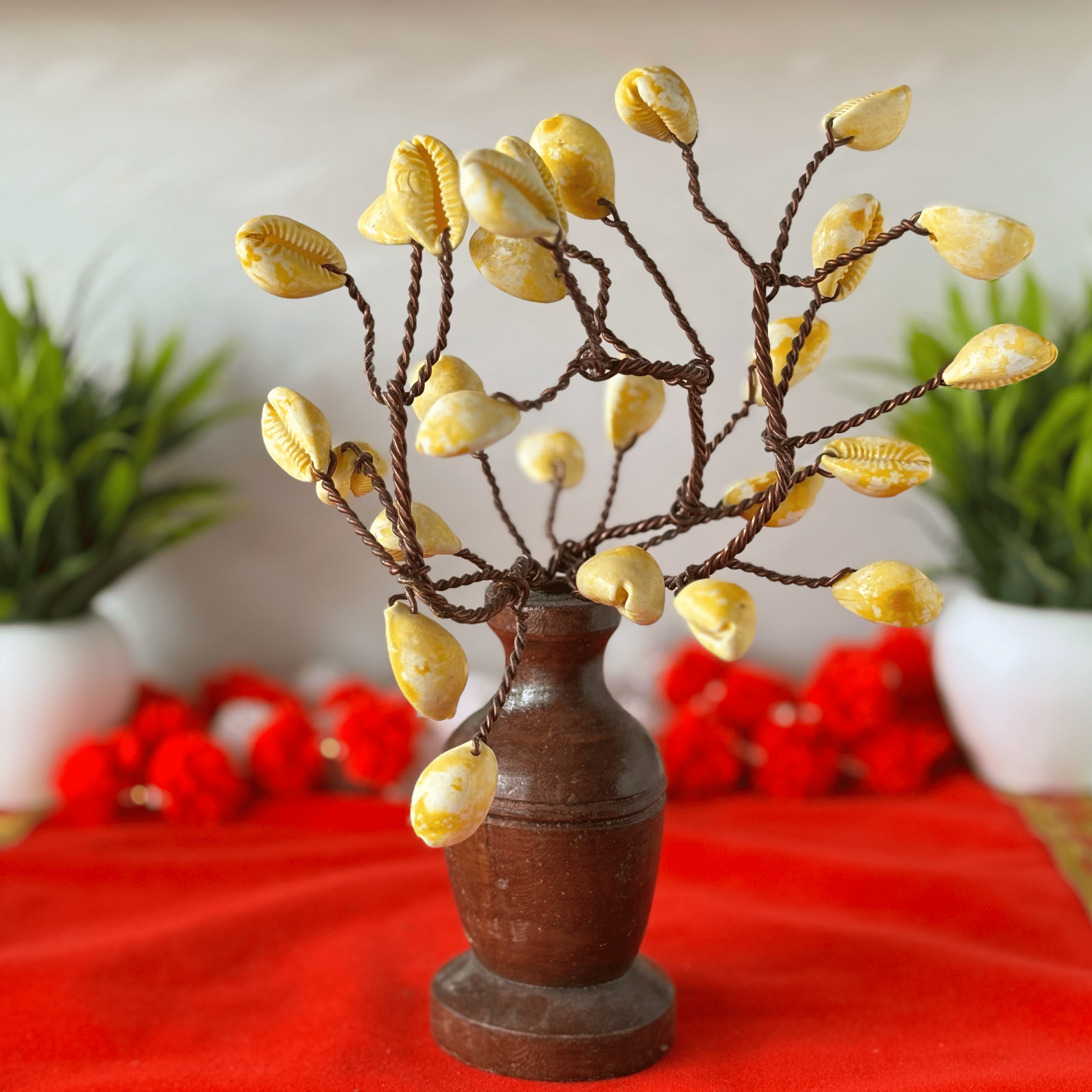 Yellow Cowrie Shell Tree on Wooden Base