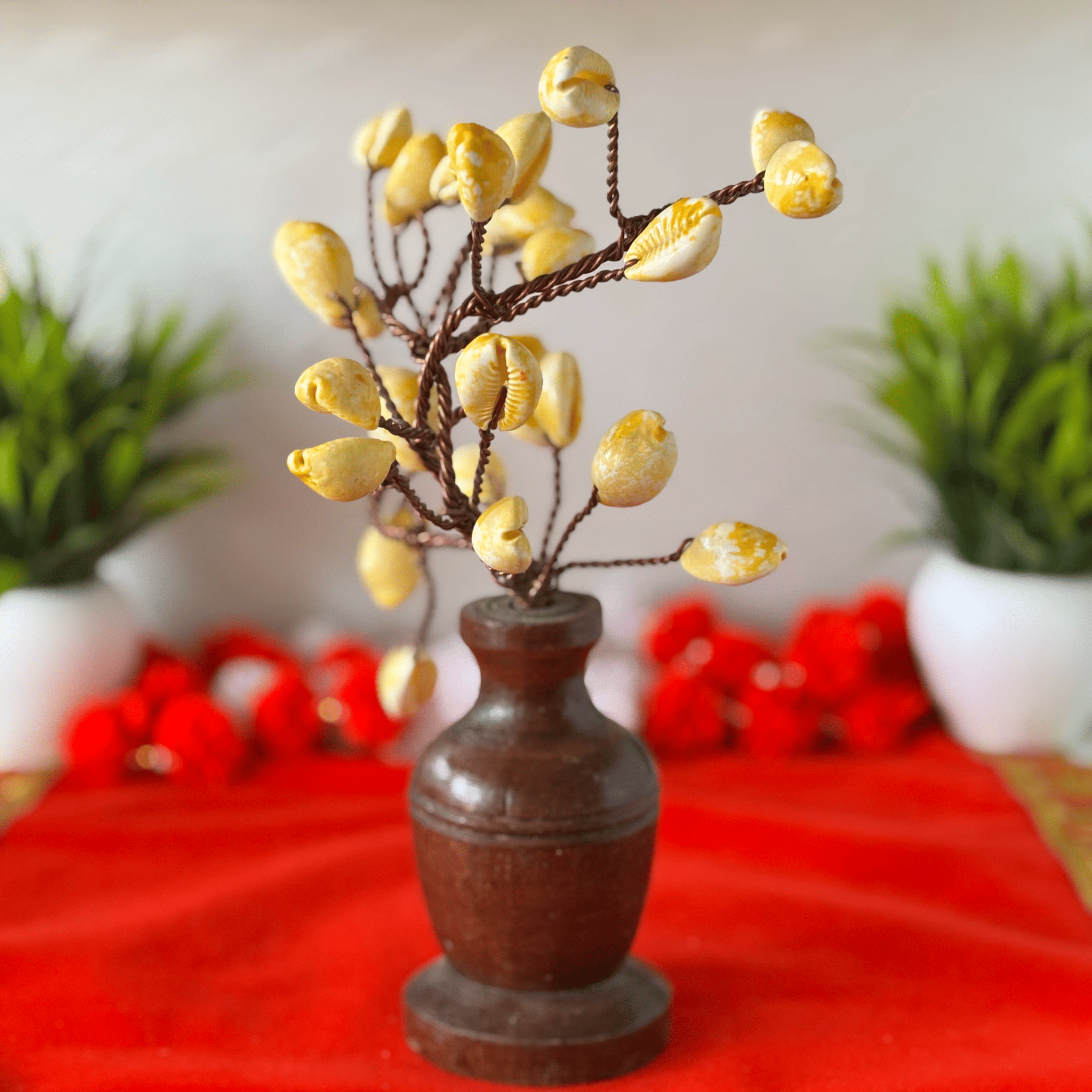 Yellow Cowrie Shell Tree on Wooden Base