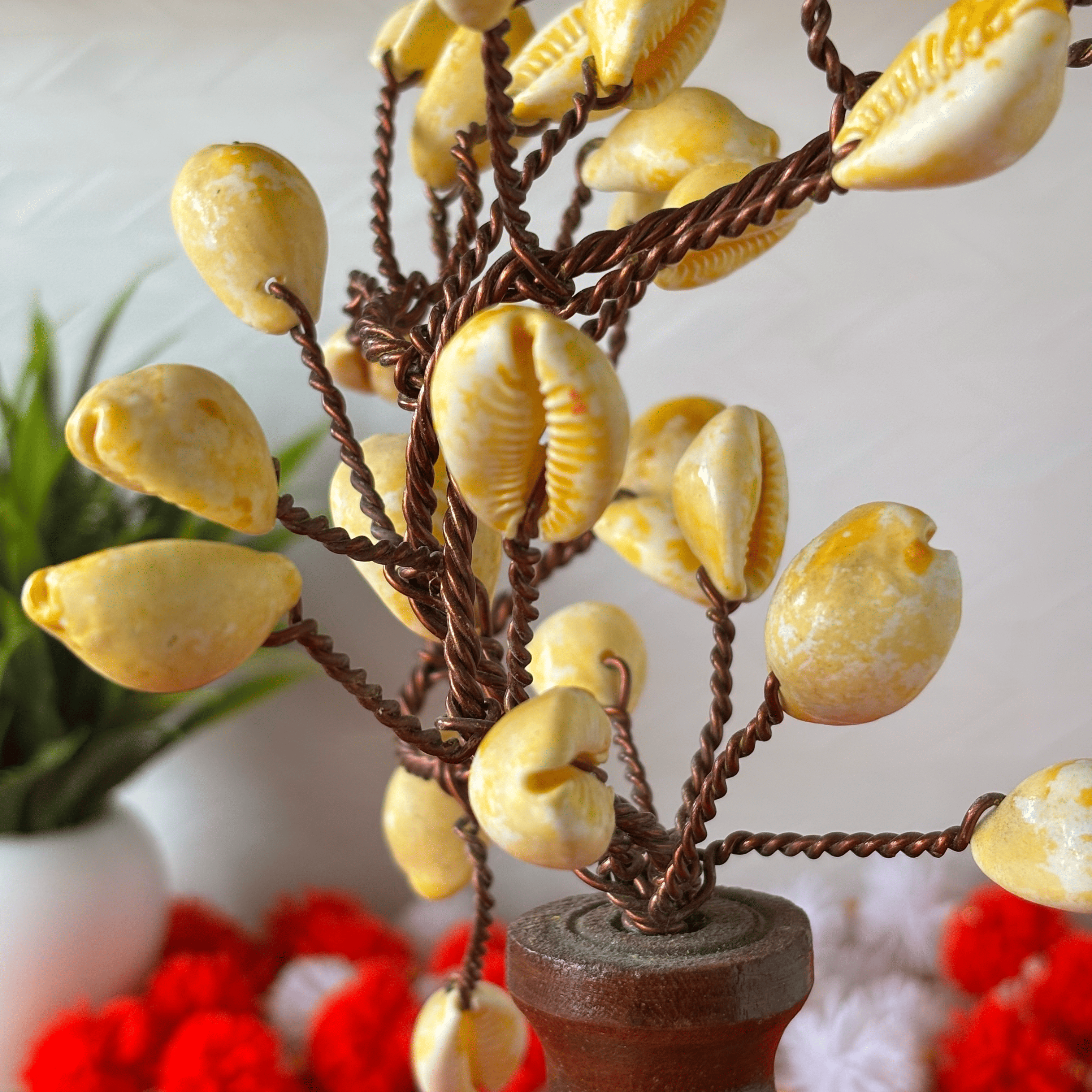Yellow Cowrie Shell Tree on Wooden Base
