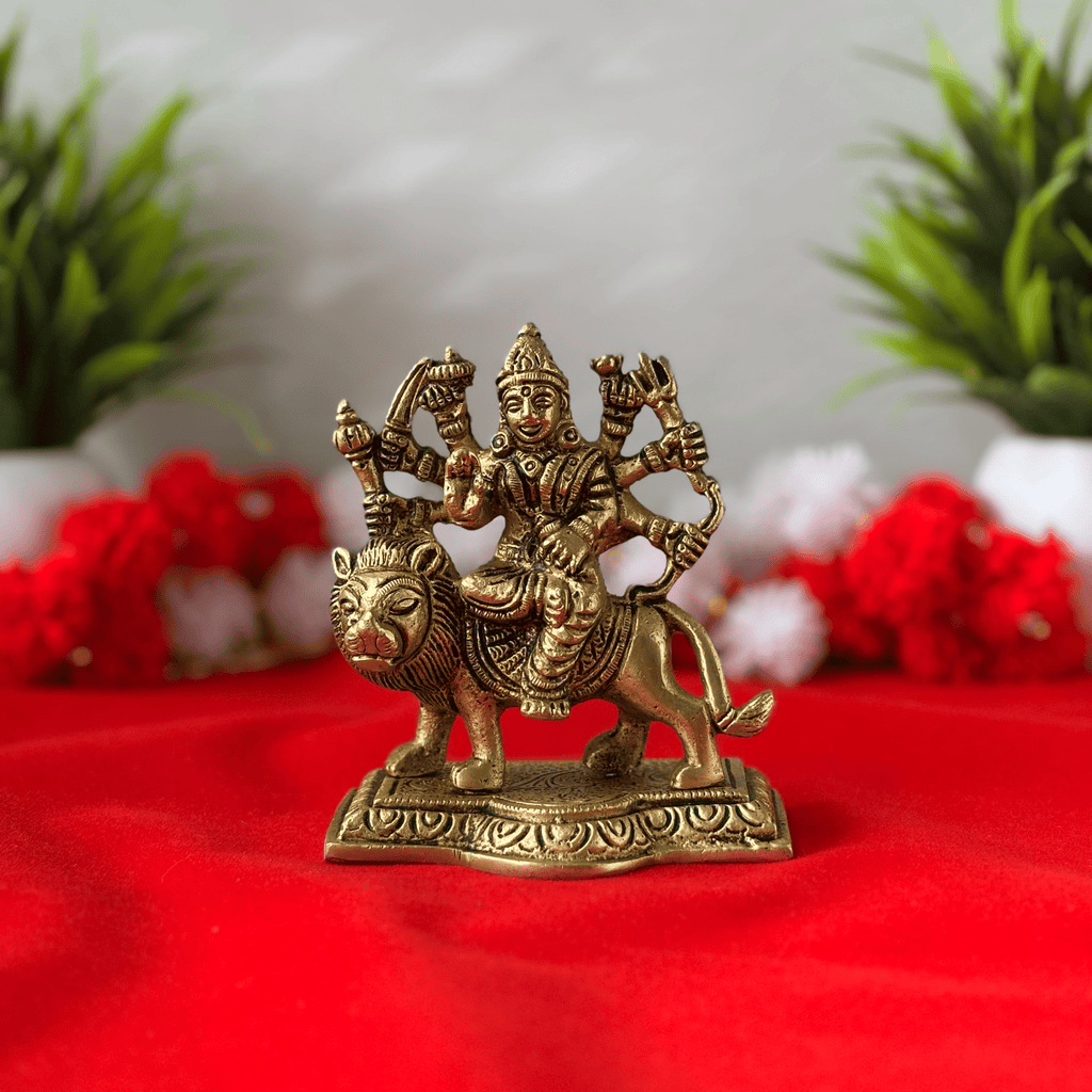 Goddess Durga Riding Lion Brass Idol - 3.8 inch | 480 gm