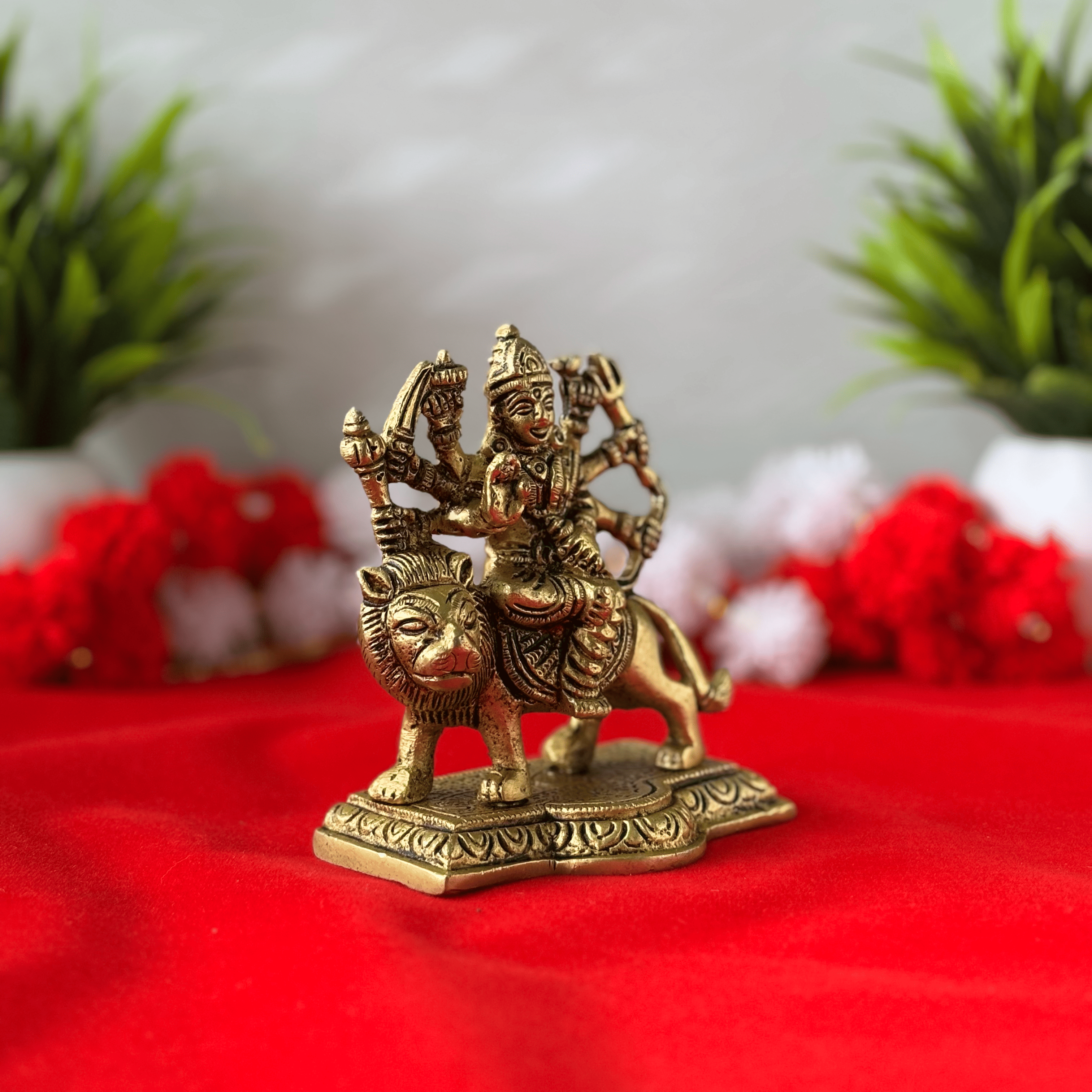 Goddess Durga Riding Lion Brass Idol - 3.8 inch | 480 gm