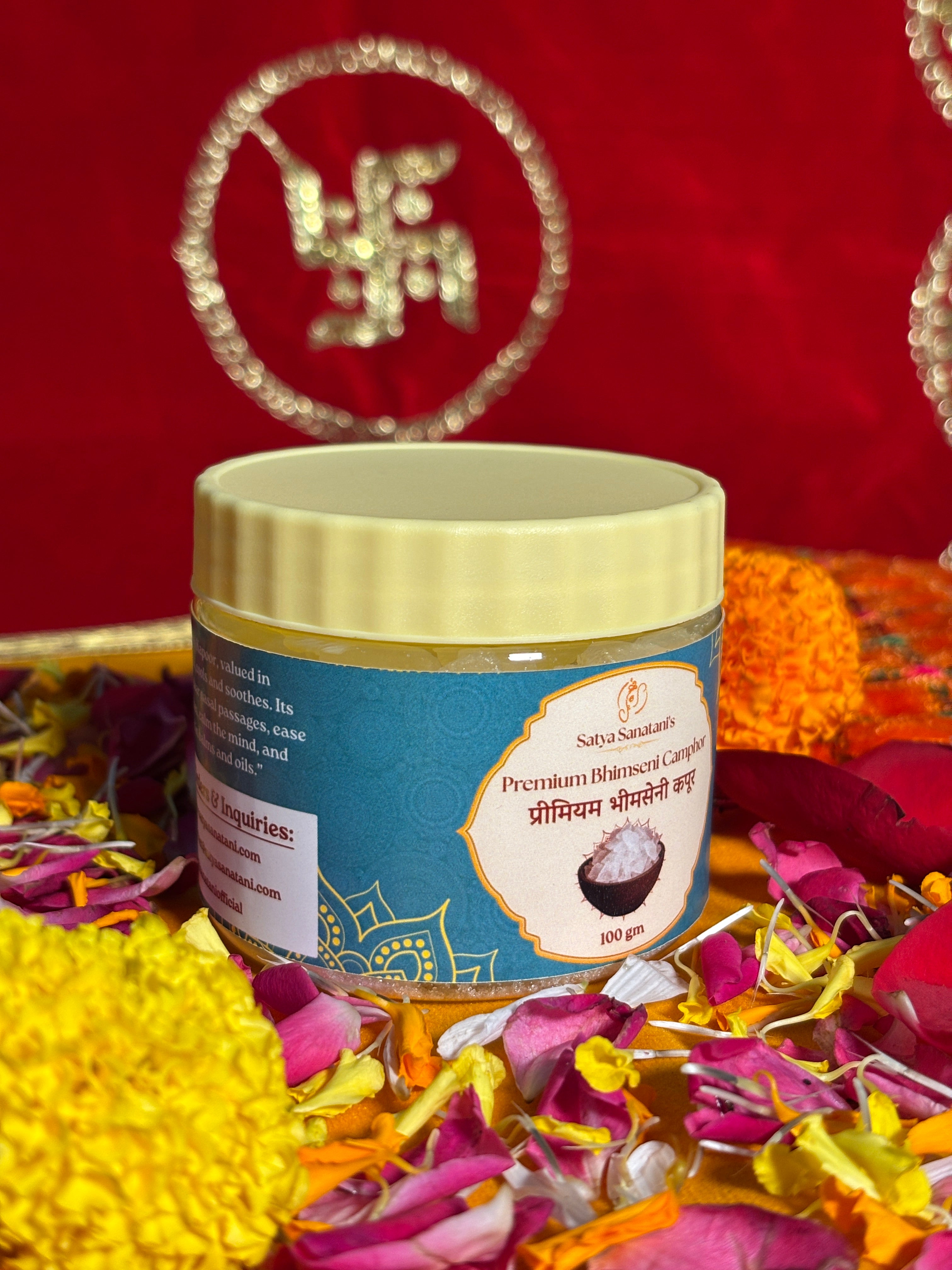 Satya Sanatani Bhimseni Camphor 100gm jar with crystal camphor and puja flowers