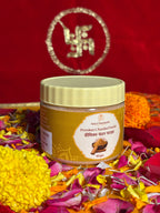 Satya Sanatani Chandan Powder 60gm jar with puja flowers and Swastik backdrop