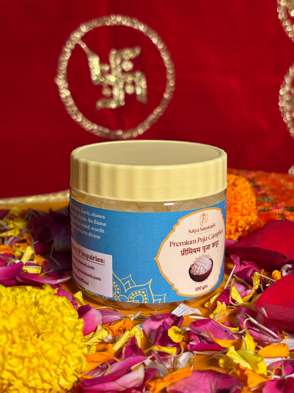 Satya Sanatani Puja Camphor 100gm jar with pure camphor and puja flowers