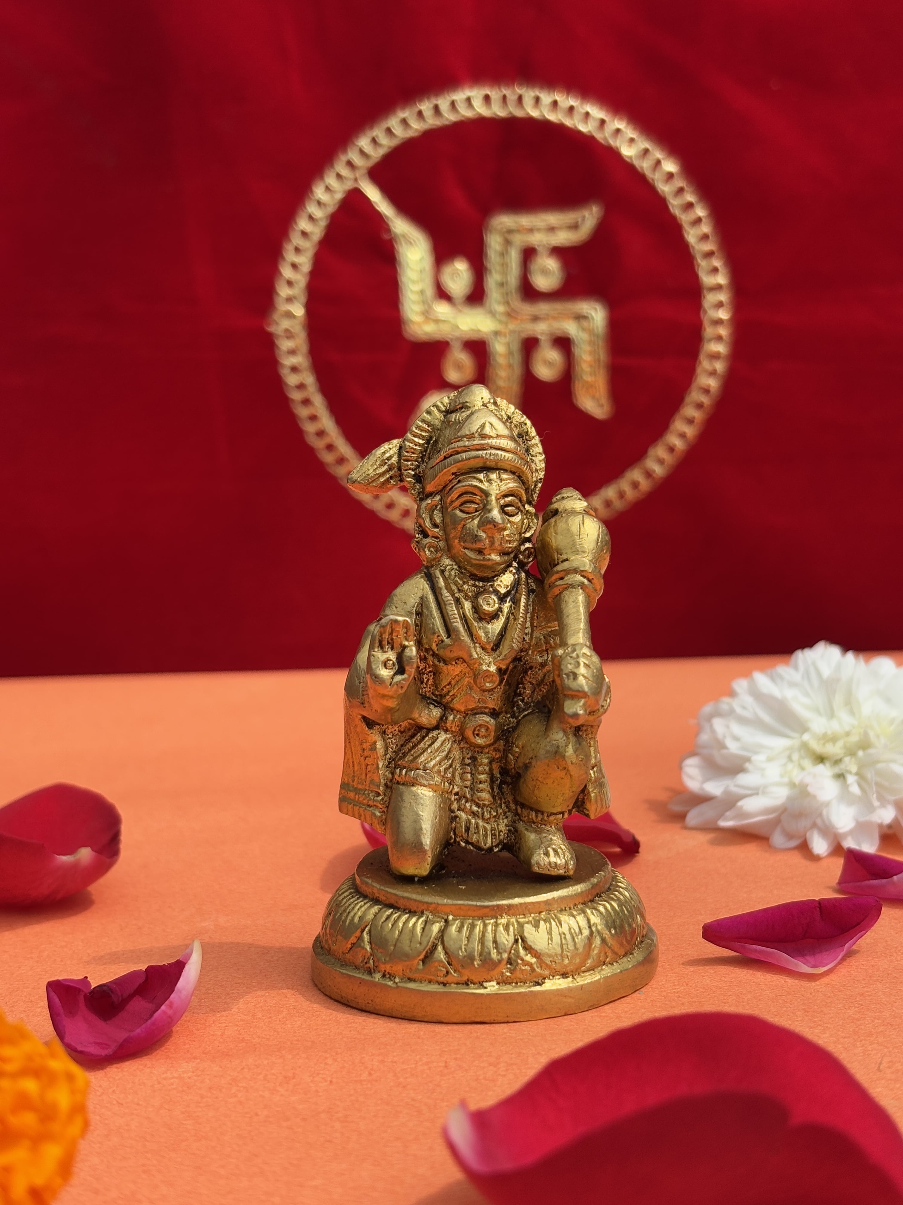 Brass idol of Sankat Mochan Hanuman Ji in kneeling blessing pose with gada, front view
