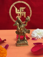Brass idol of Hanuman Ji carrying Sanjeevani Parvat in blessing form, front view