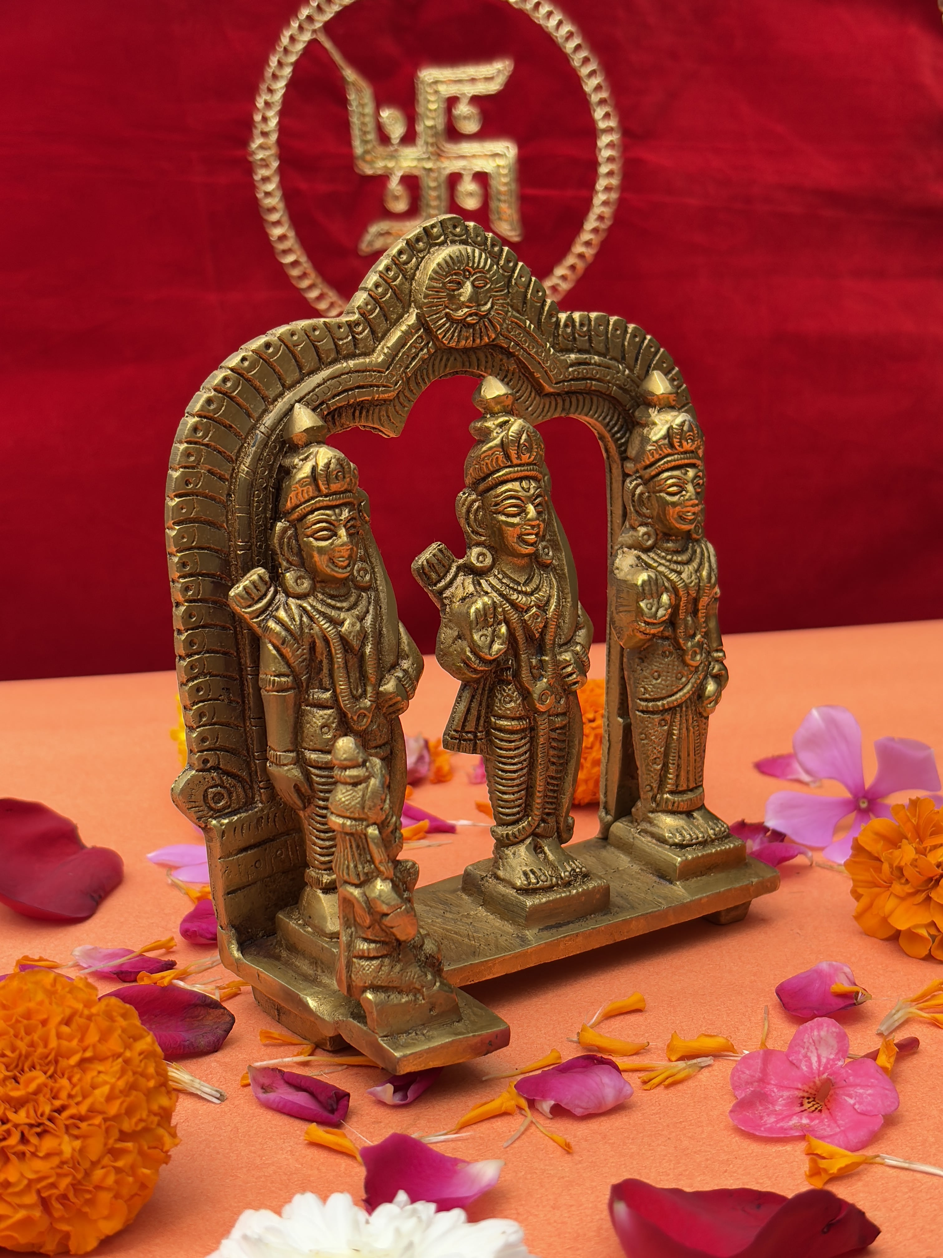 Ram Darbar Brass Idol Set side angle – Shri Ram with bow, Mata Sita, Lakshman Ji, and Hanuman Ji under ornate arch