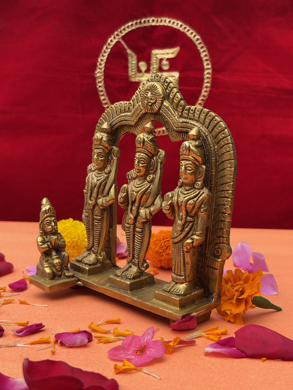 Complete Ram Darbar Brass Idol with antique golden shine and floral puja setup