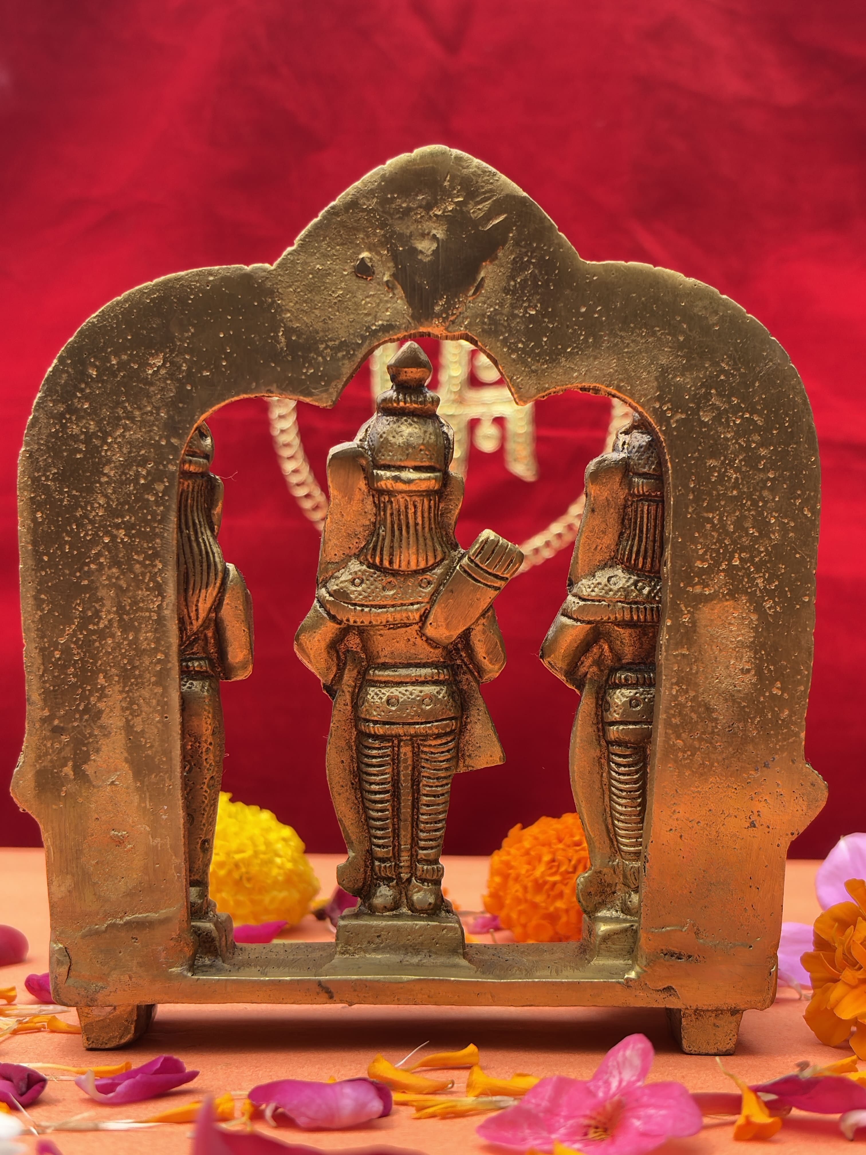 Brass Ram Darbar Idol Set with intricate arch design back view 