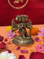 Front close-up of Panchmukhi Hanuman Ji Brass Idol with five faces and antique golden finish