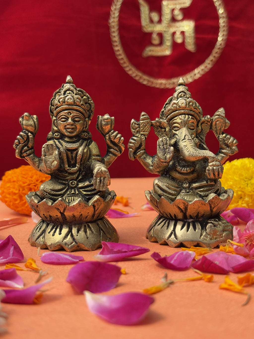 Lakshmi Ganesh Lotus Brass Murti Set - 3.14 inch | 600 gm