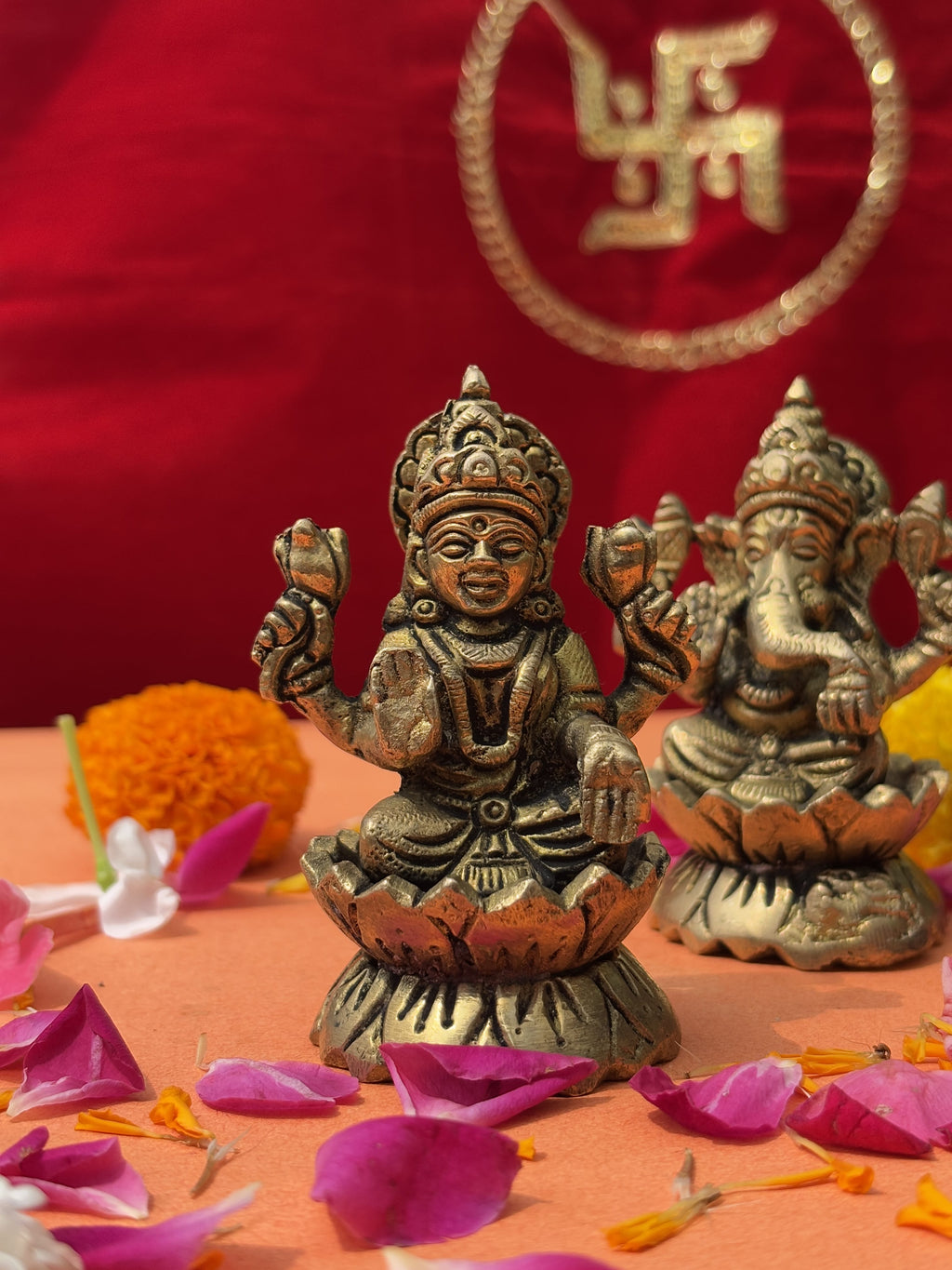Lakshmi Ganesh Lotus Brass Murti Set - 3.14 inch | 600 gm