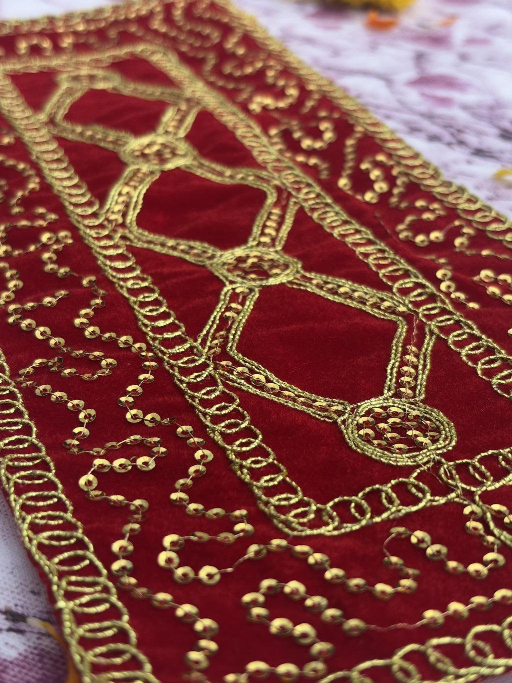 Velvet Red Geometric Embroidered Aasan