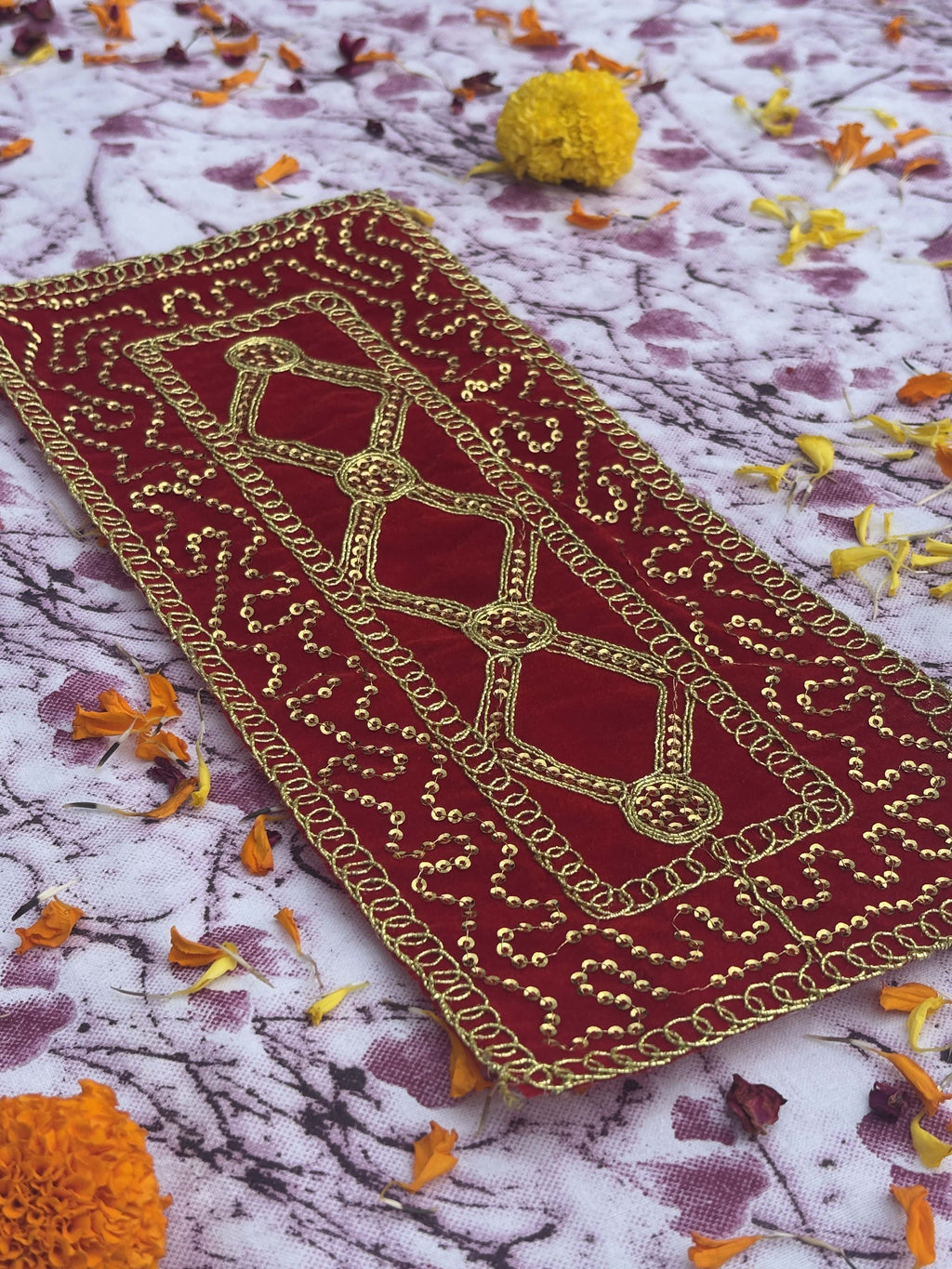 Velvet Red Geometric Embroidered Aasan