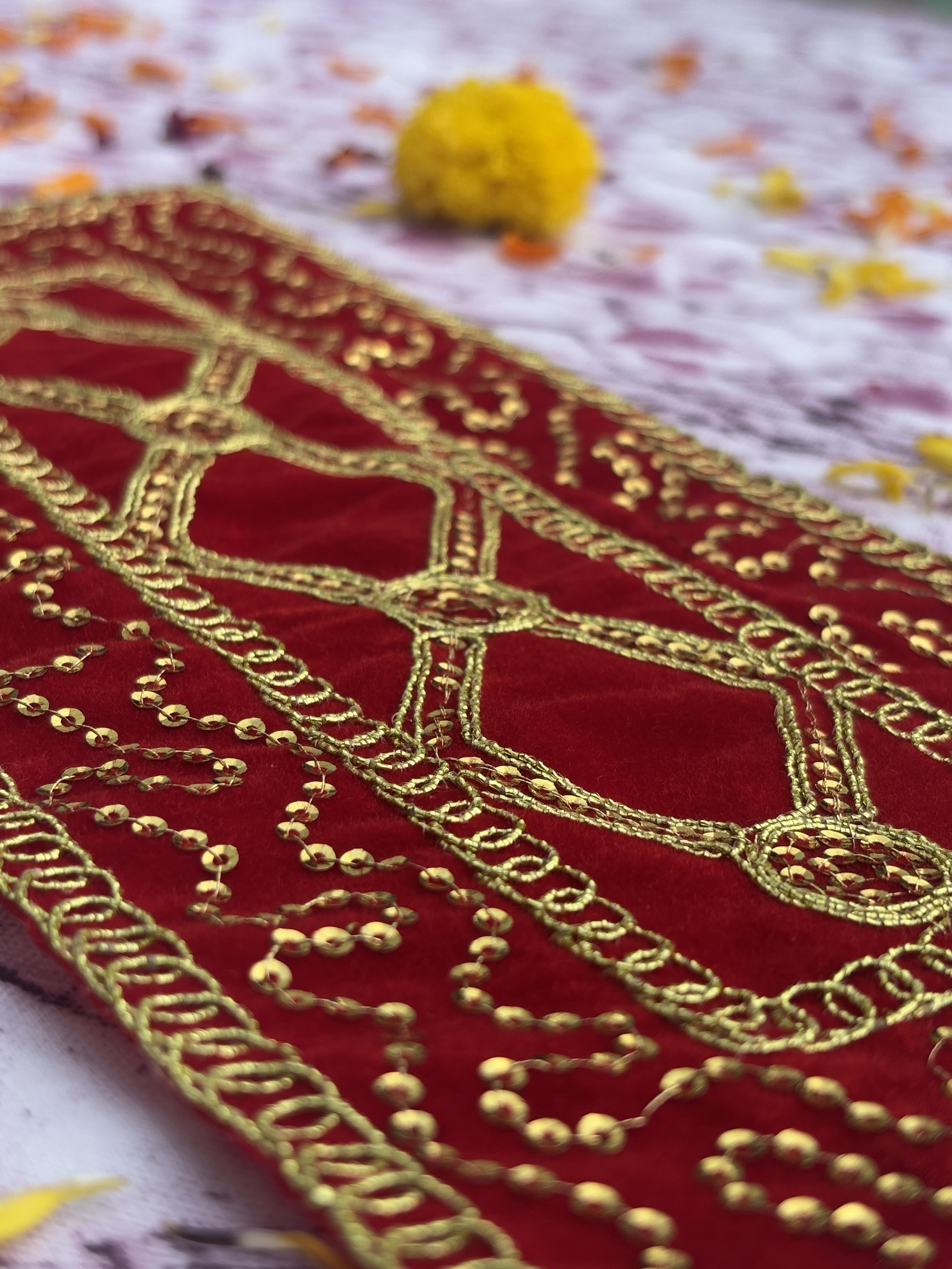 Velvet Red Geometric Embroidered Aasan