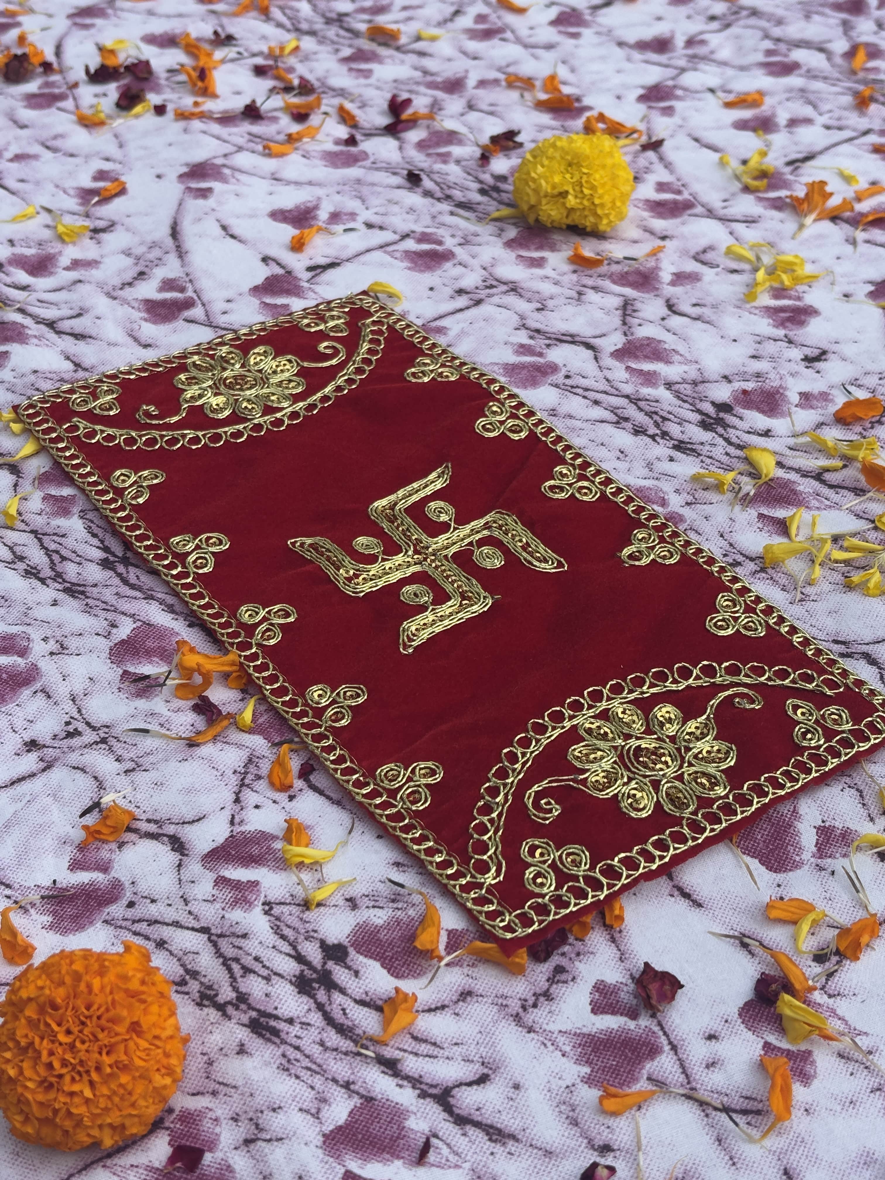 Velvet Red Swastik Embroidered Aasan