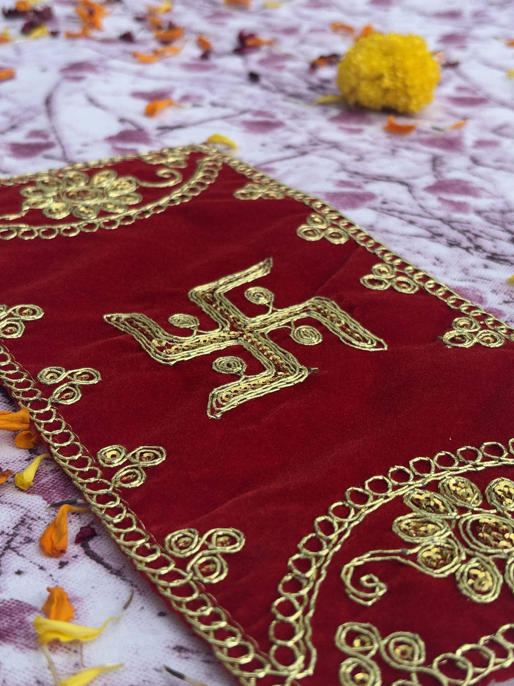 Velvet Red Swastik Embroidered Aasan