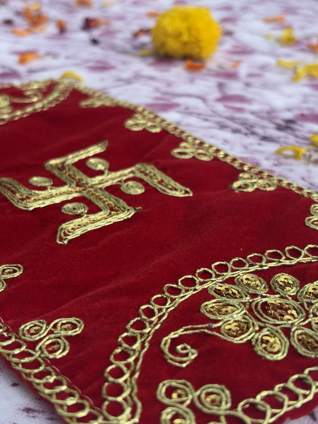 Velvet Red Swastik Embroidered Aasan