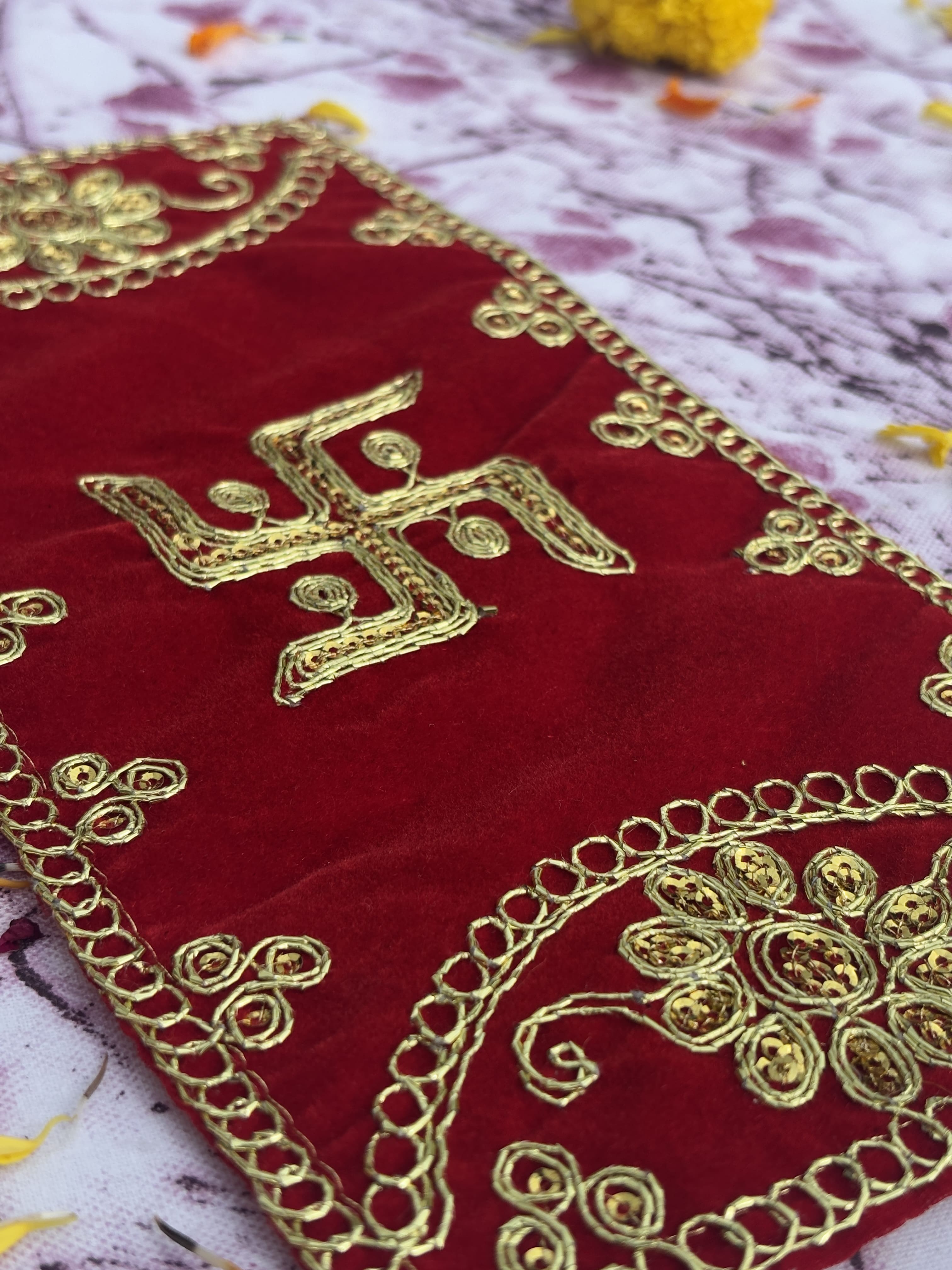 Velvet Red Swastik Embroidered Aasan