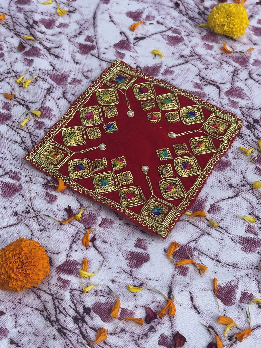 Velvet Red Square Embroidered Aasan