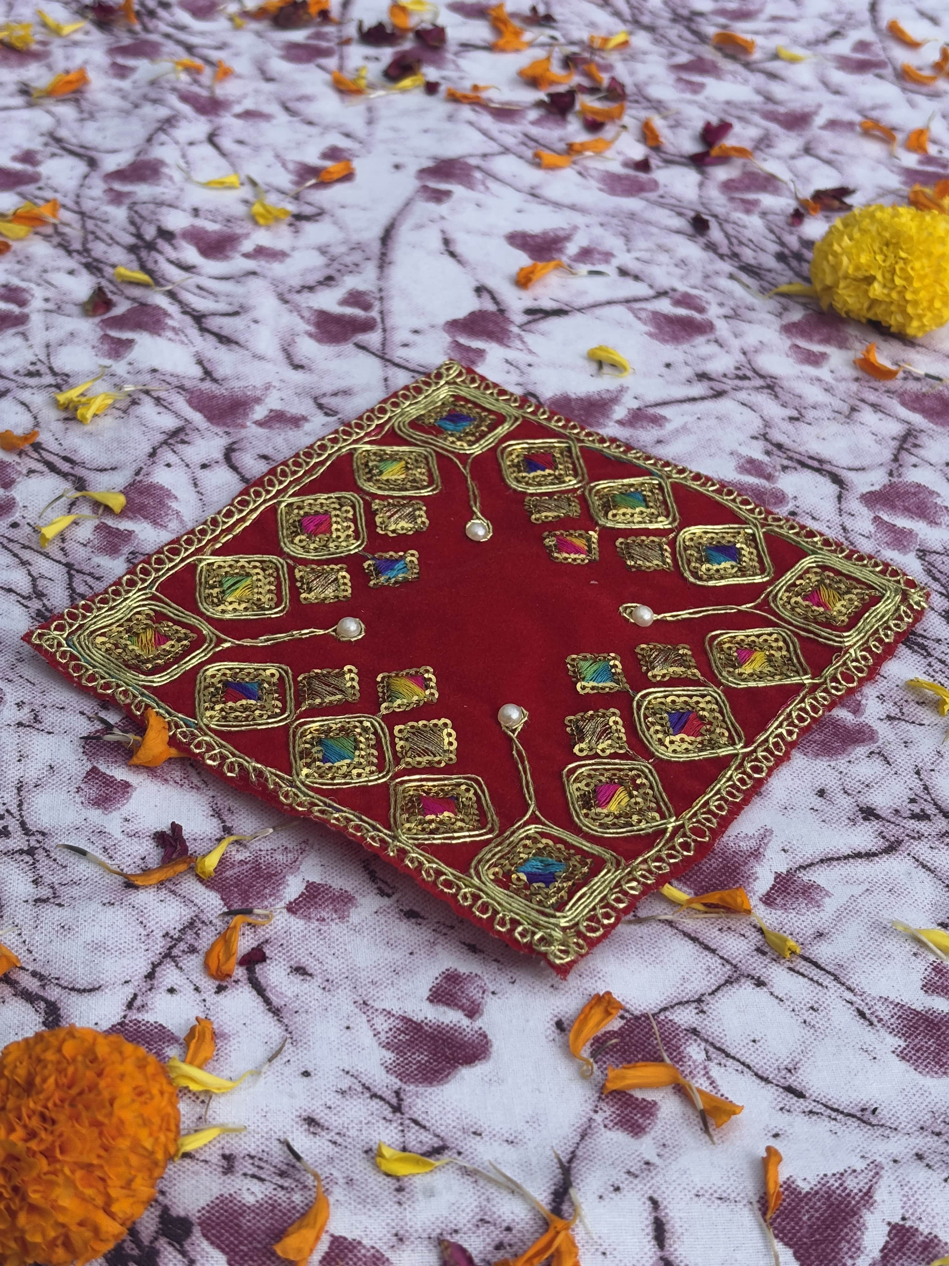 Velvet Red Square Embroidered Aasan