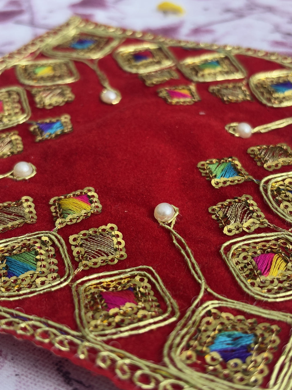 Velvet Red Square Embroidered Aasan