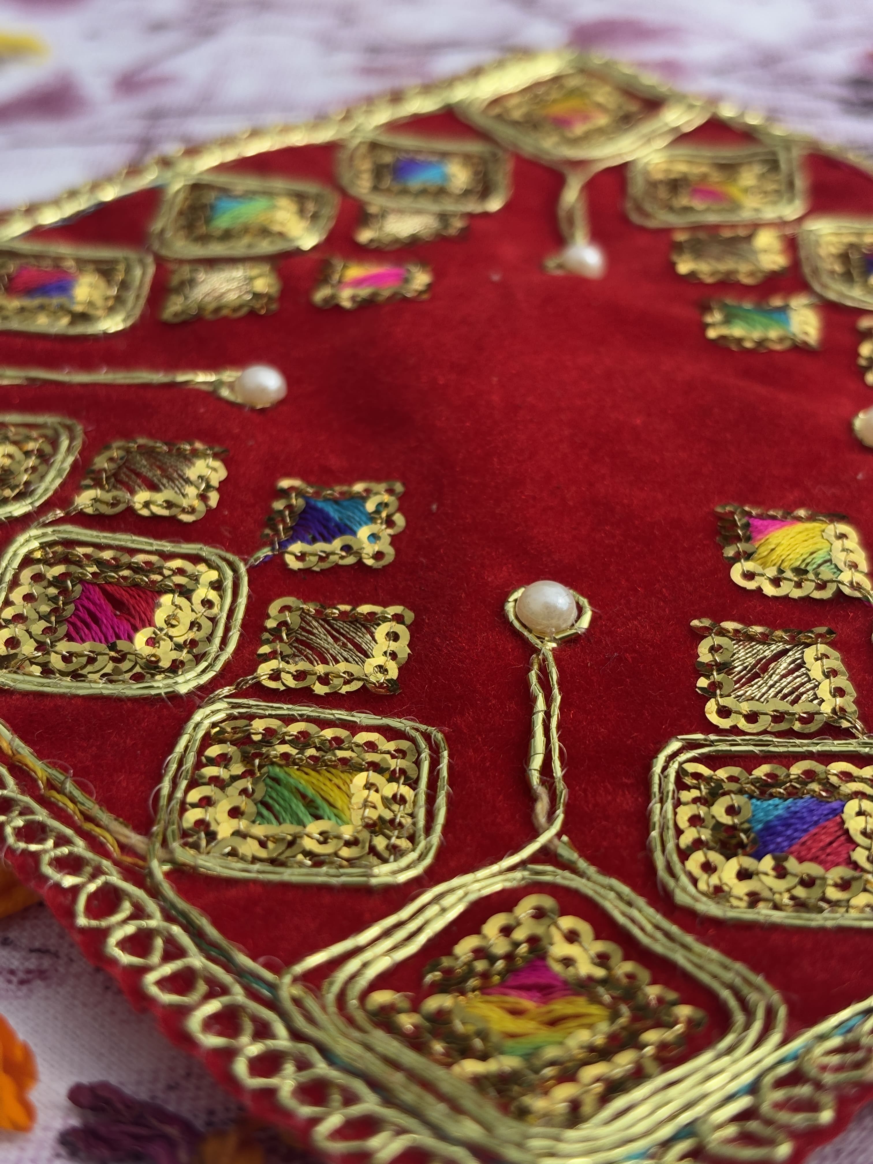 Velvet Red Square Embroidered Aasan