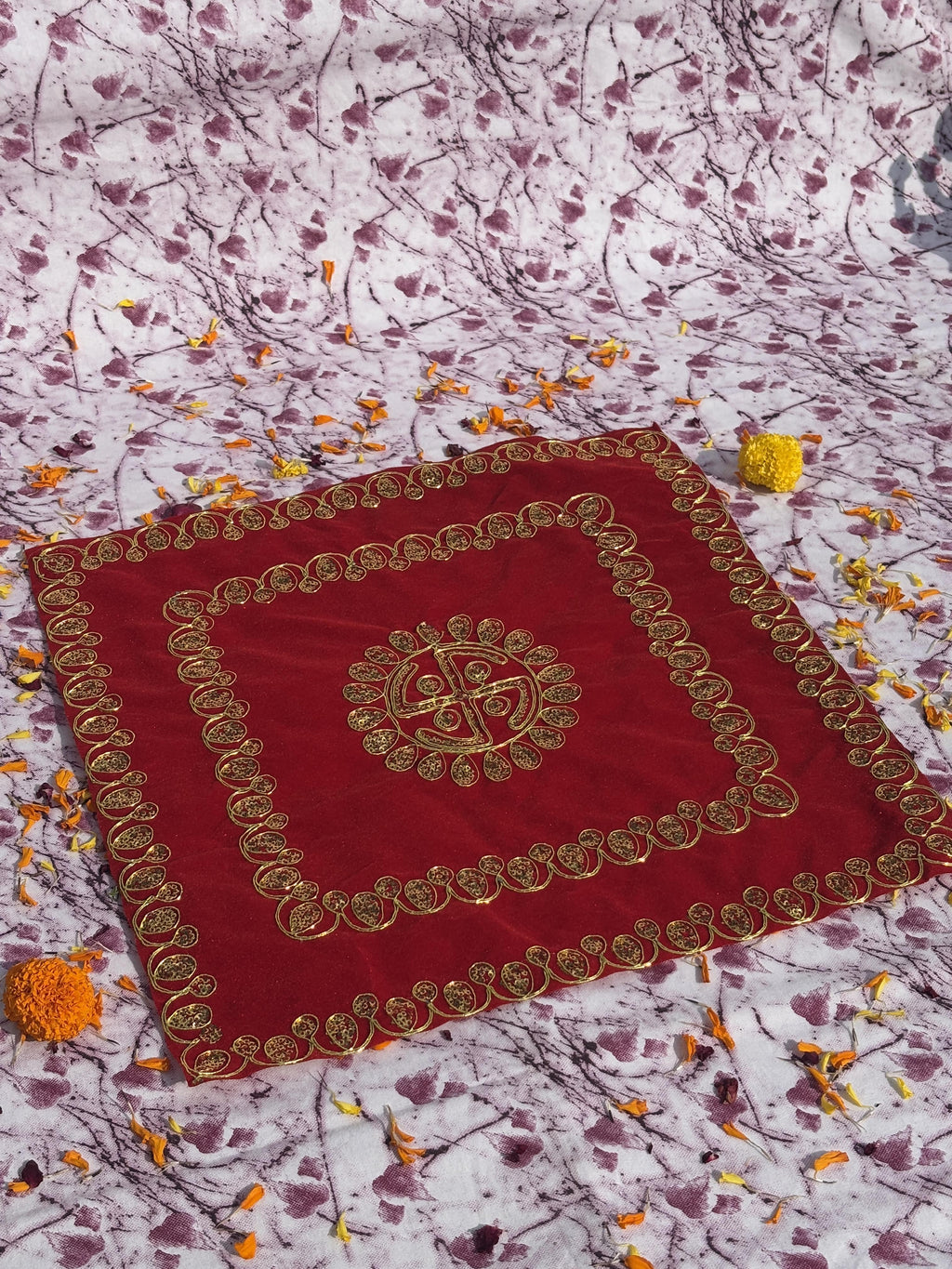 Red Velvet Square Aasan with Swastik