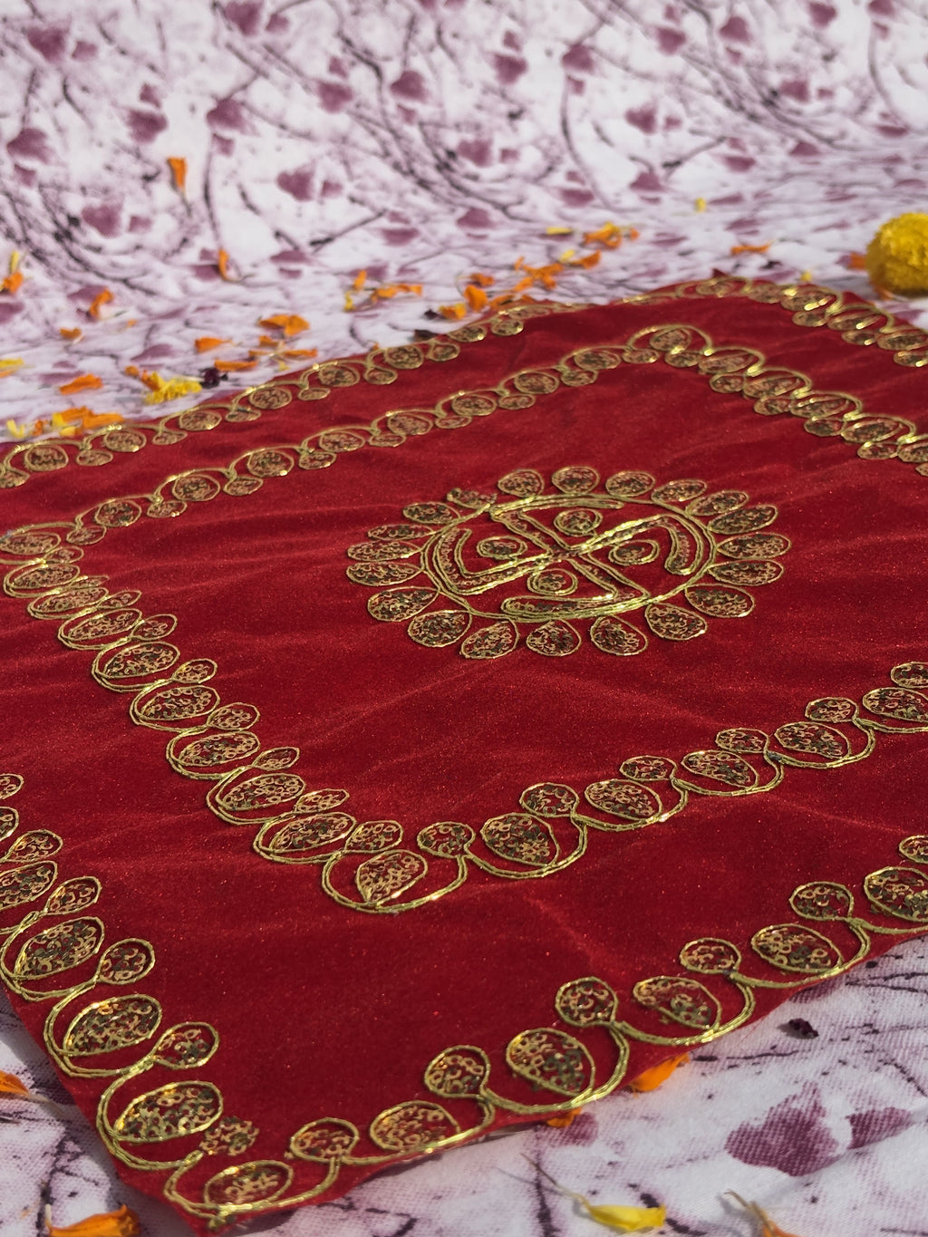 Red Velvet Square Aasan with Swastik