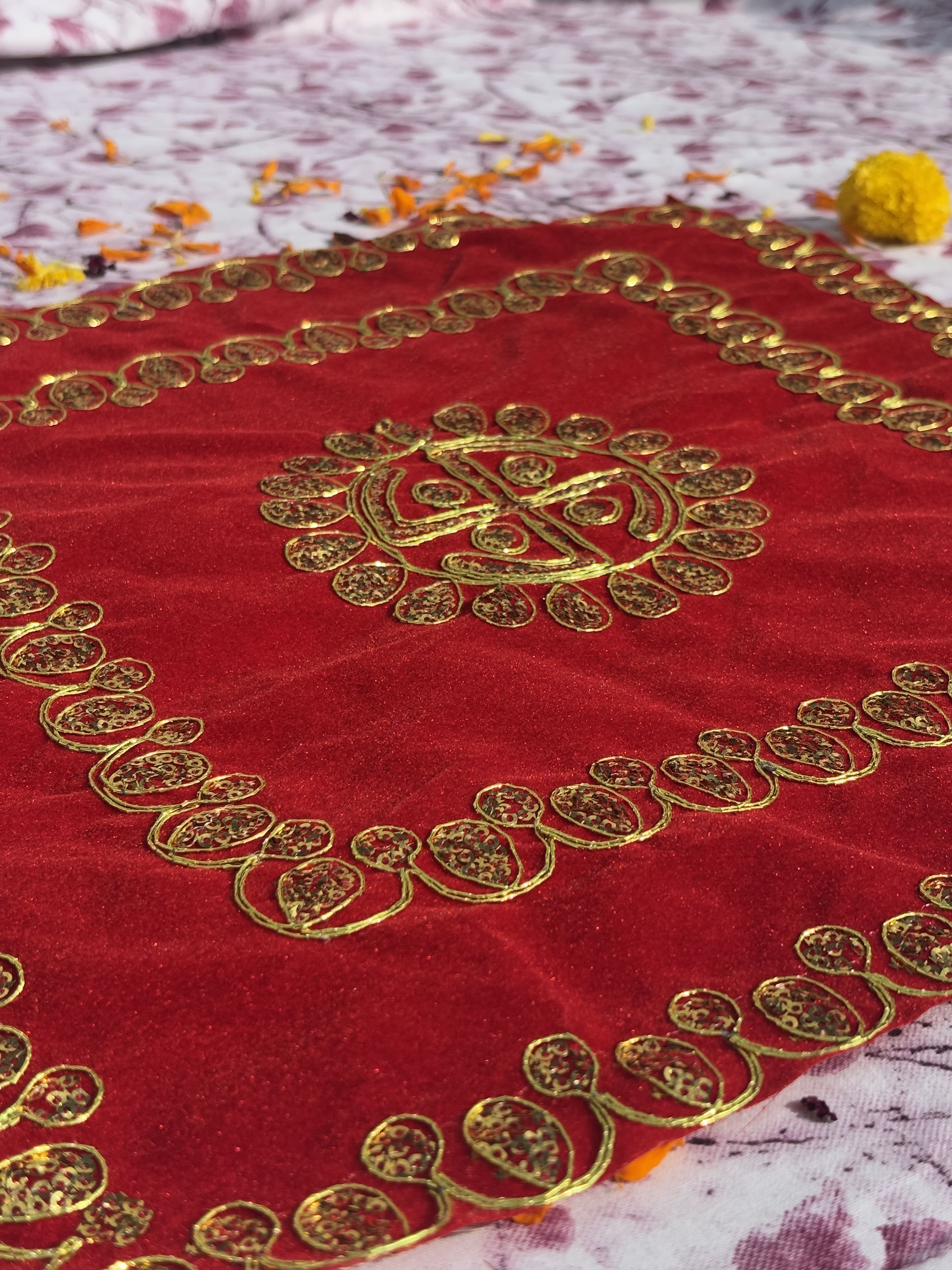 Red Velvet Square Aasan with Swastik