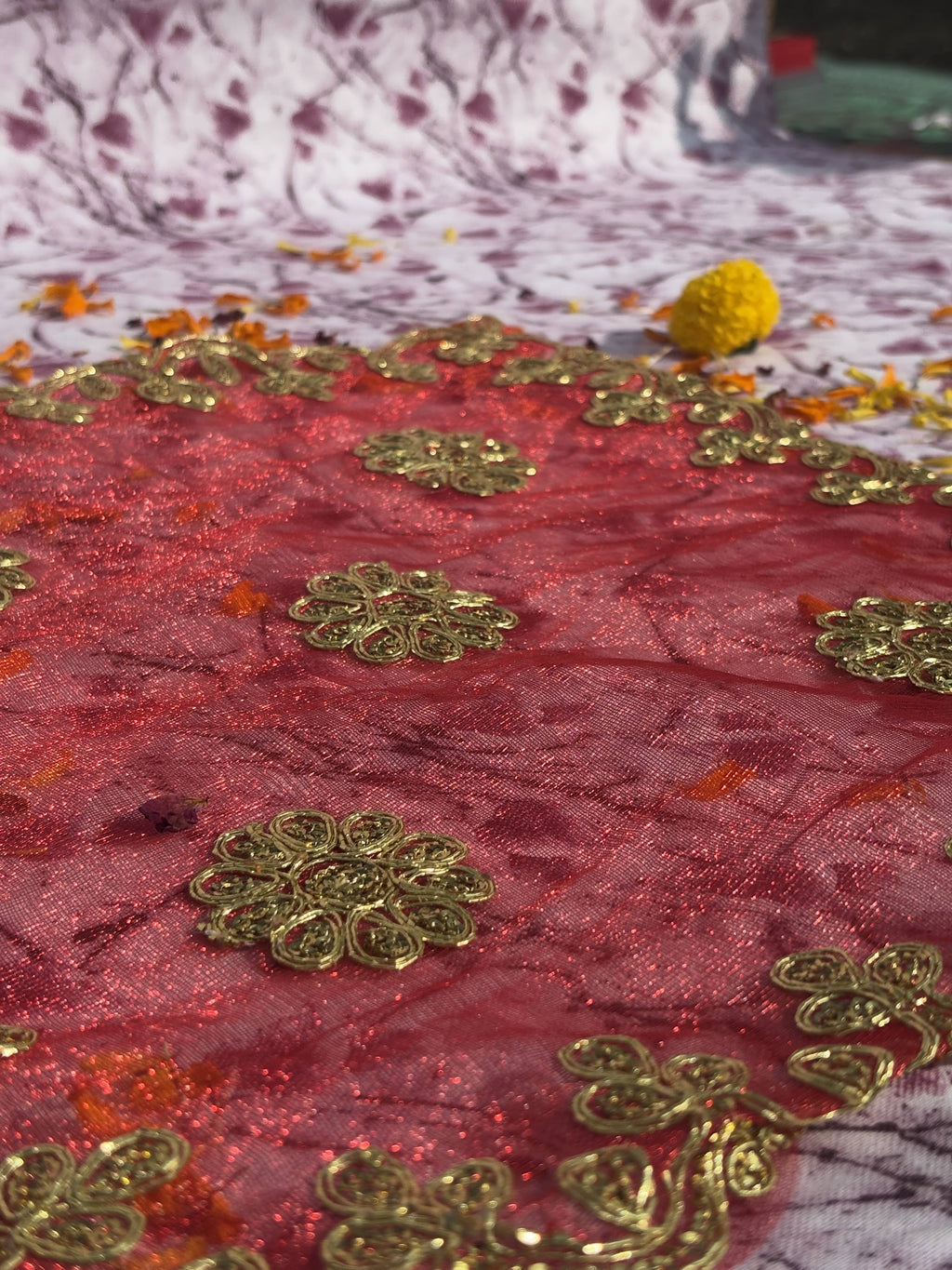 Shimmer Red Net Floral Aasan