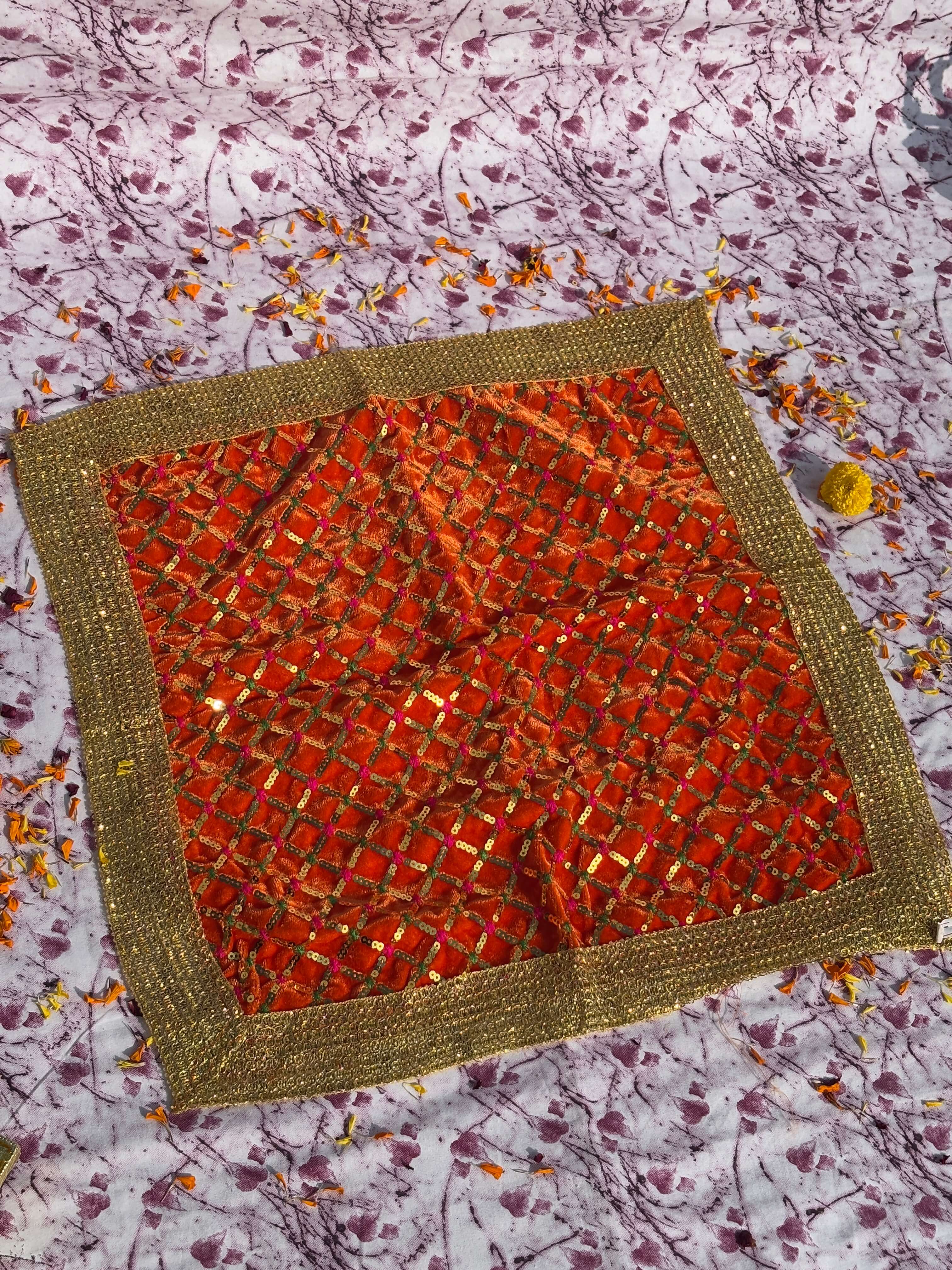 Velvet Orange Golden Square Puja Aasan
