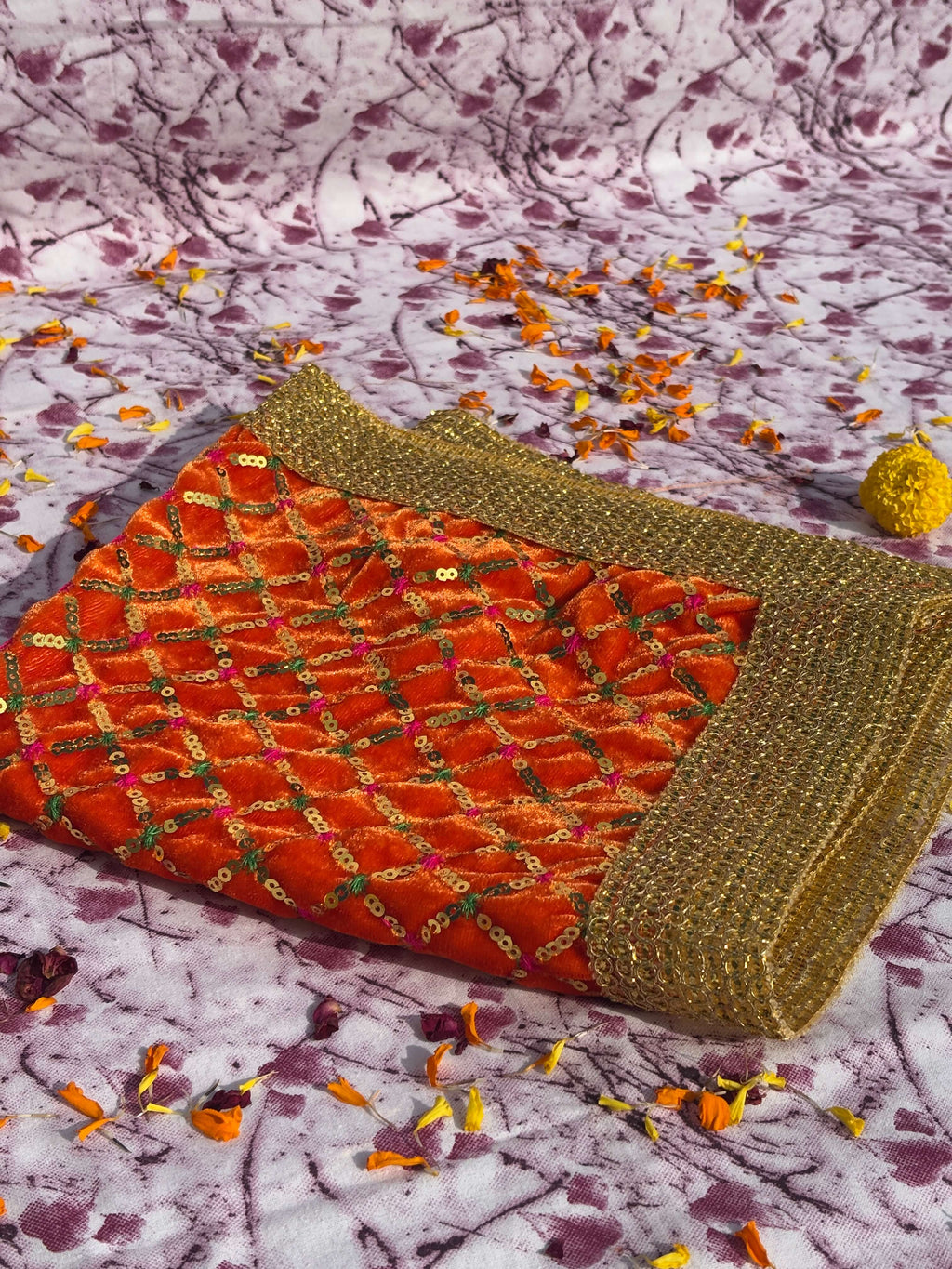 Velvet Orange Golden Square Puja Aasan