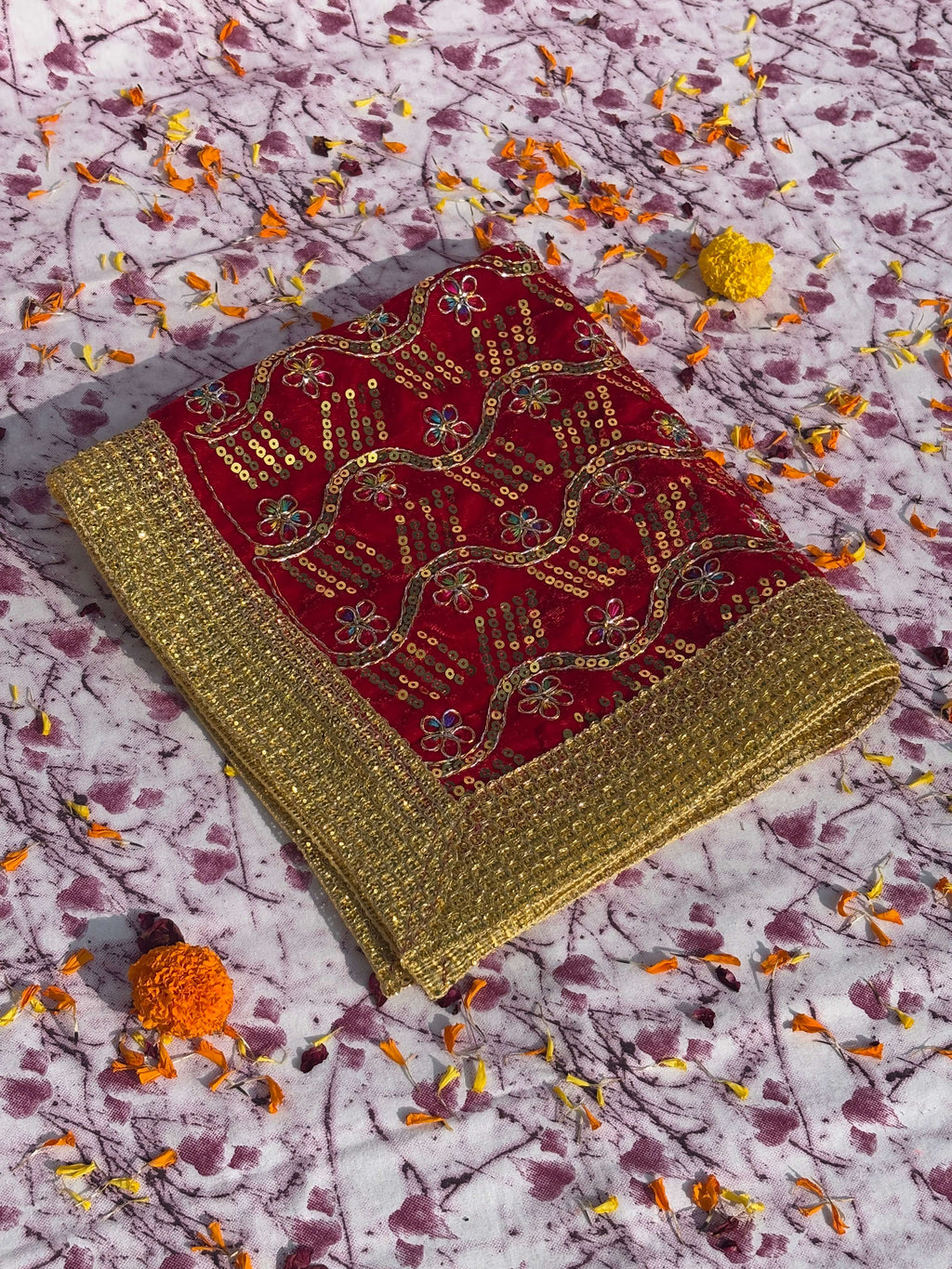 Red Velvet Square Aasan with Golden Floral Border