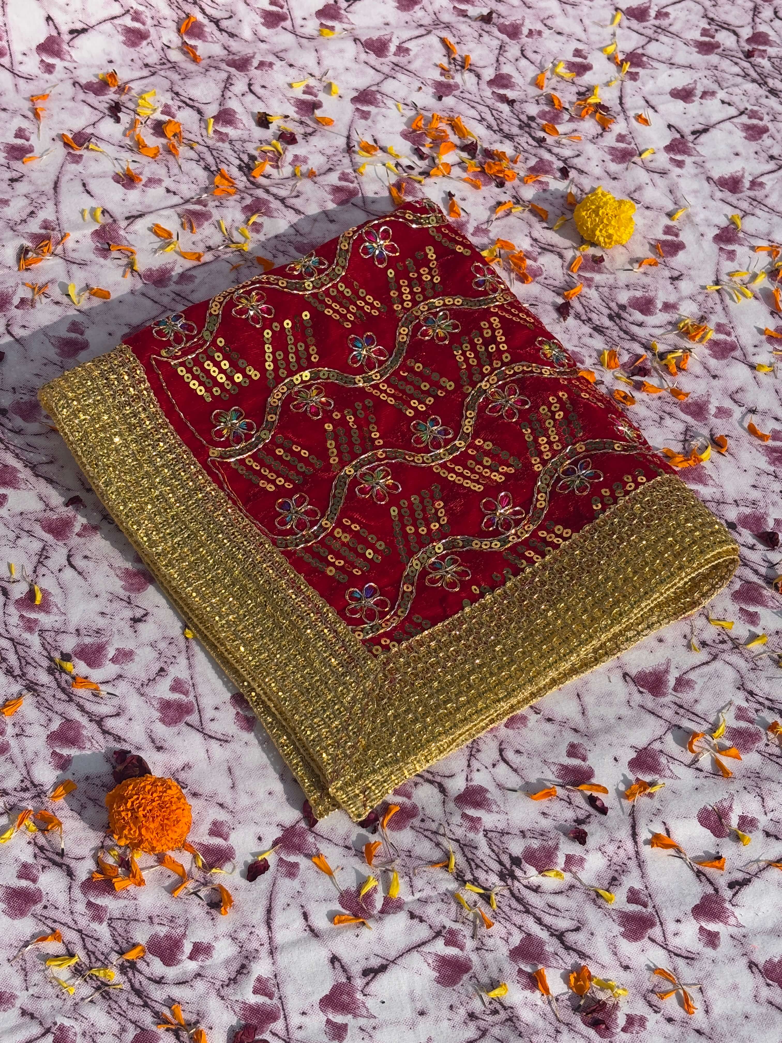 Red Velvet Square Aasan with Golden Floral Border