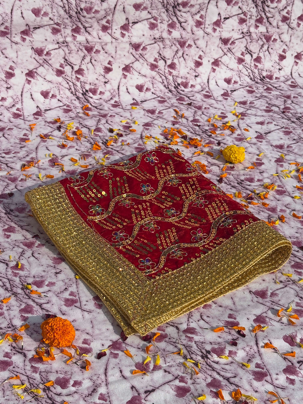 Red Velvet Square Aasan with Golden Floral Border