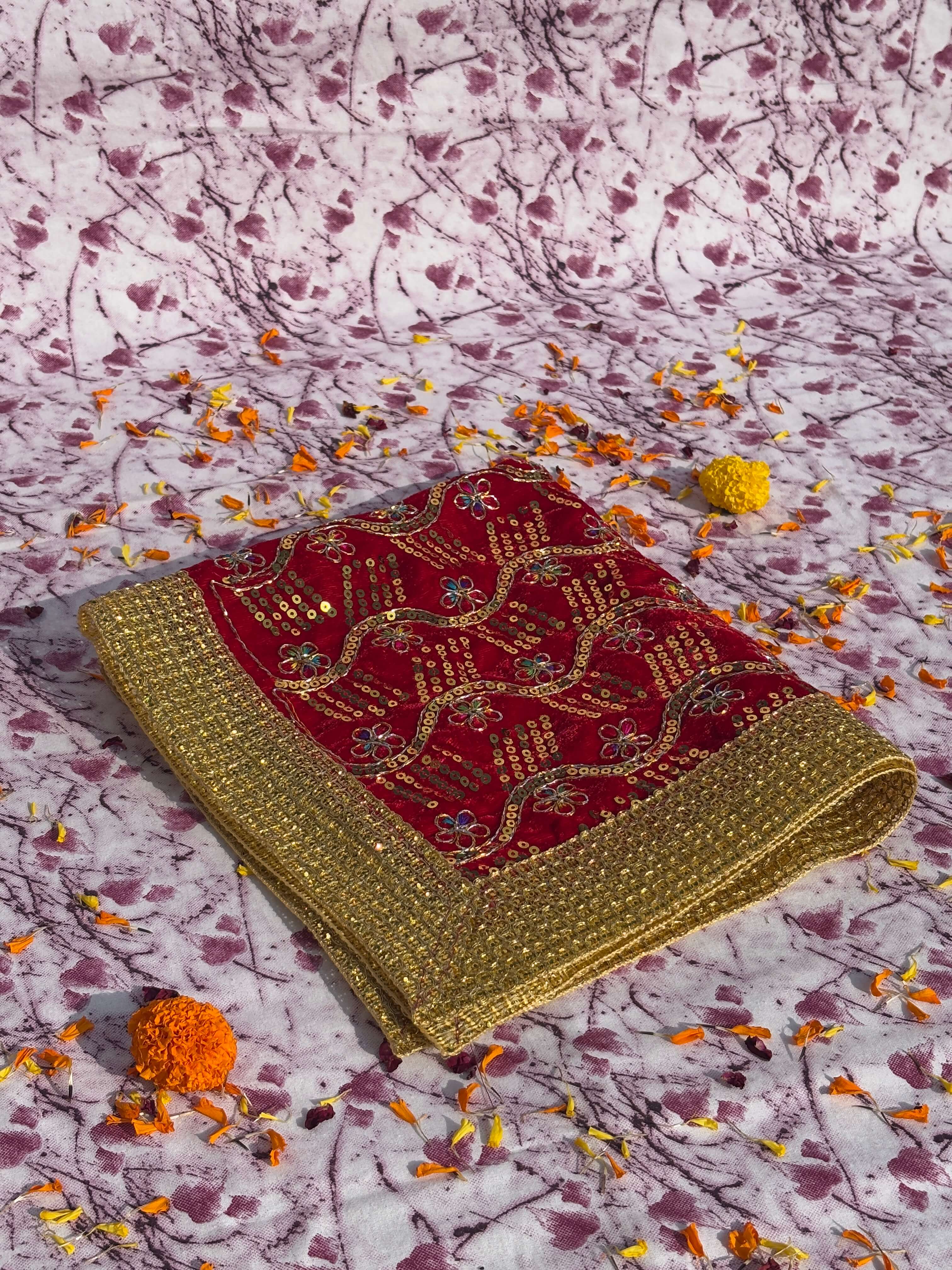 Red Velvet Square Aasan with Golden Floral Border