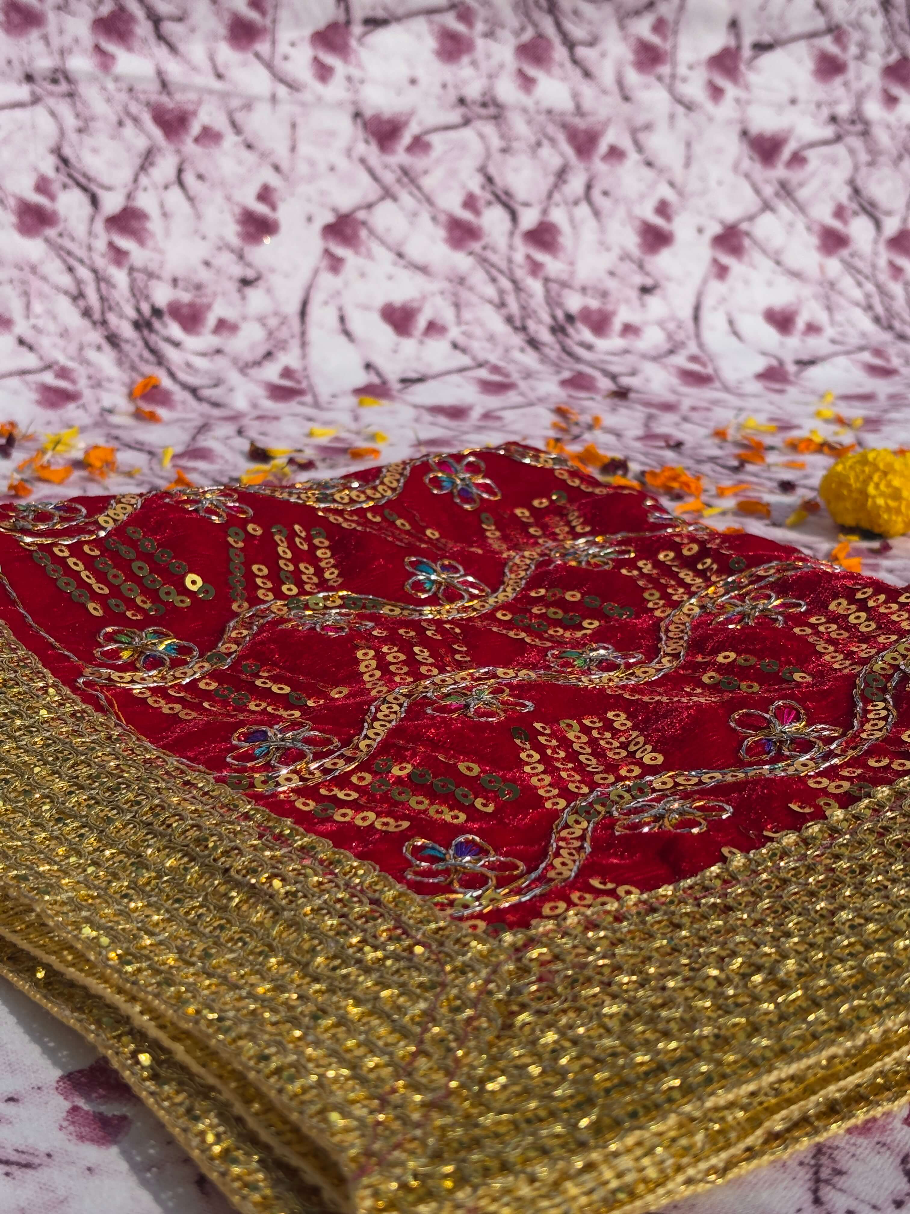 Red Velvet Square Aasan with Golden Floral Border