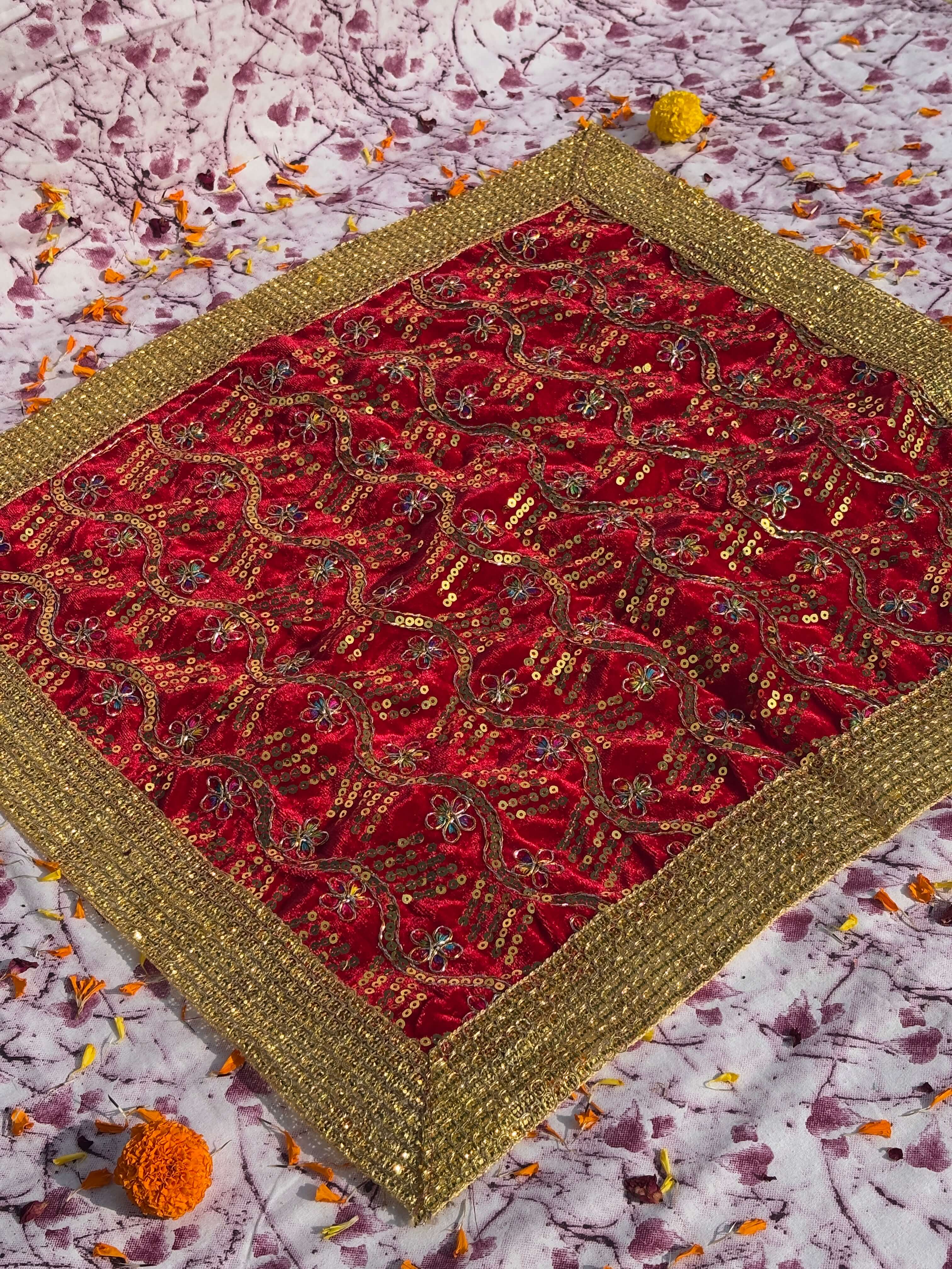 Red Velvet Square Aasan with Golden Floral Border