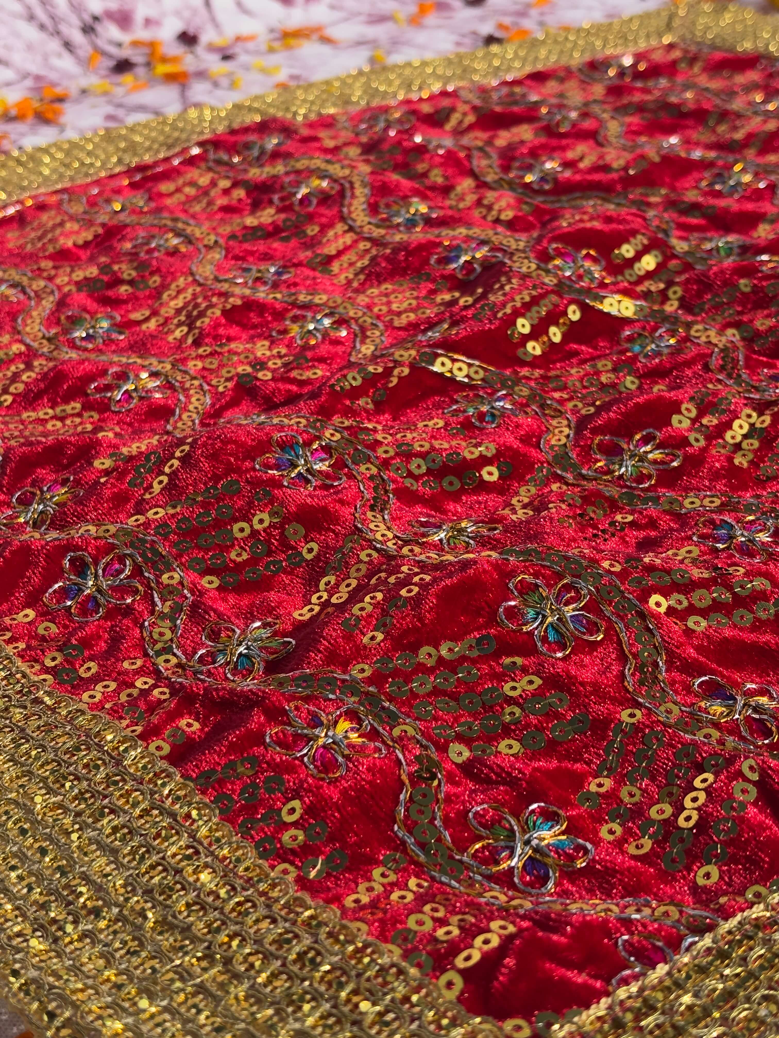 Red Velvet Square Aasan with Golden Floral Border