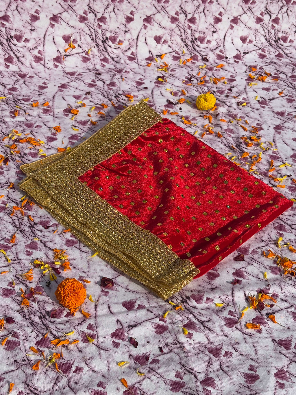 Red Velvet Square Aasan with Golden Mirror Border