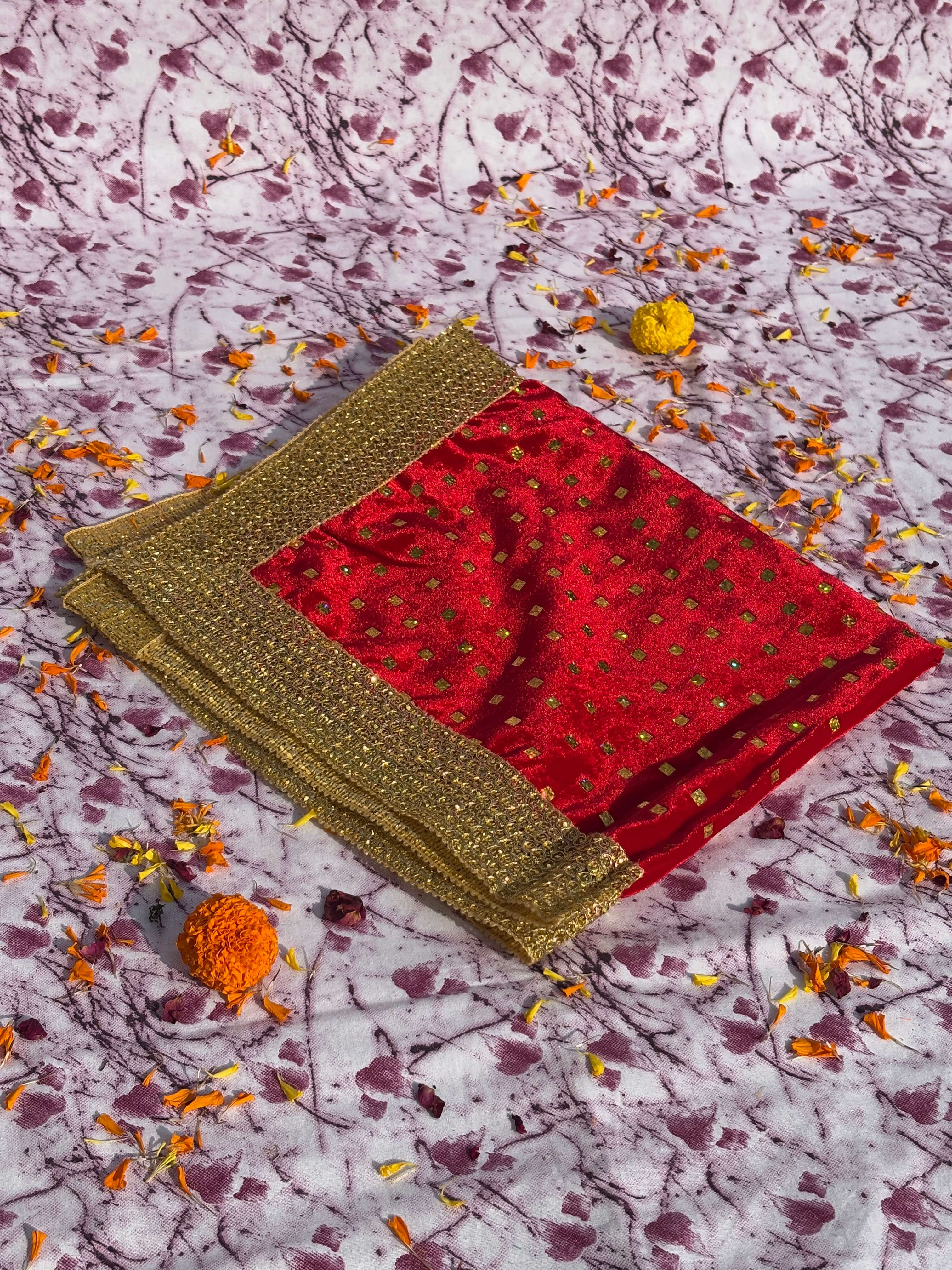 Red Velvet Square Aasan with Golden Mirror Border