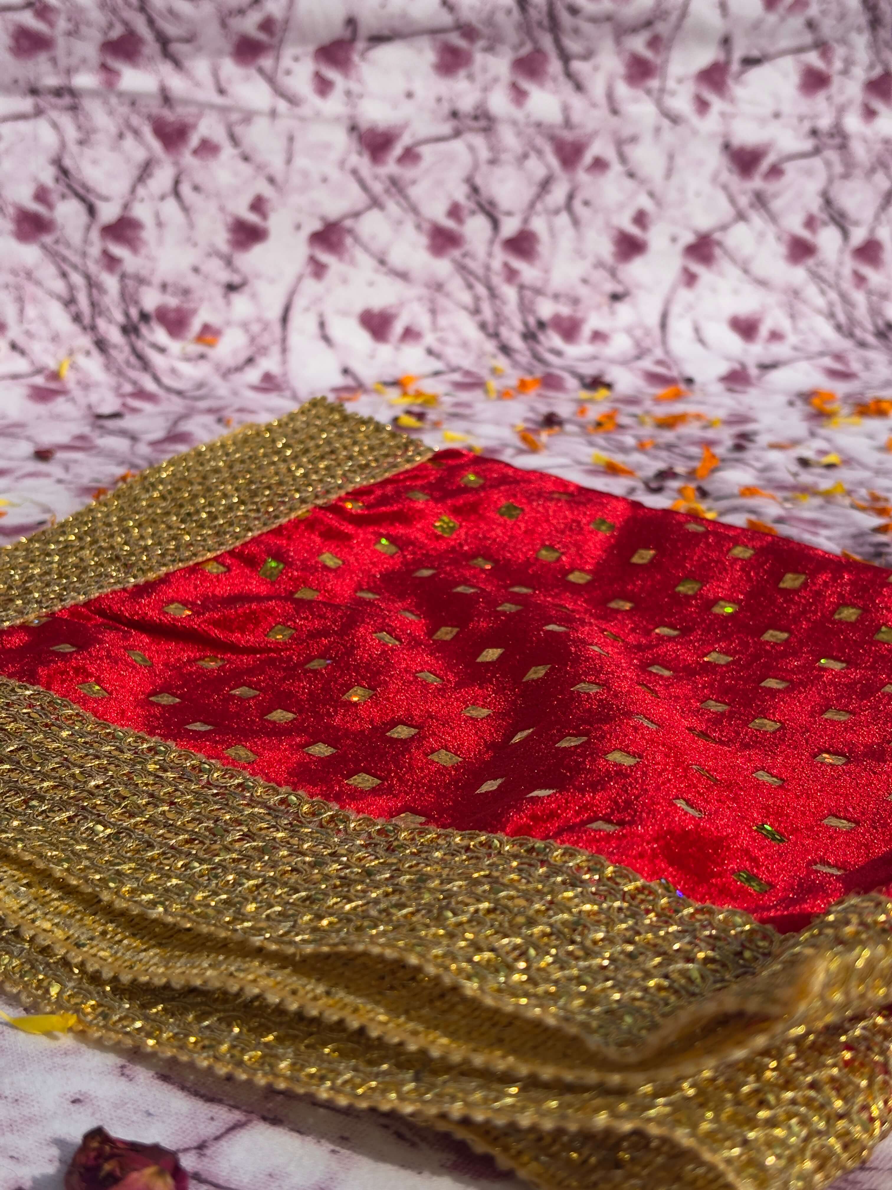 Red Velvet Square Aasan with Golden Mirror Border