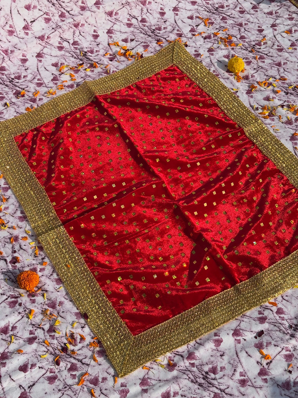 Red Velvet Square Aasan with Golden Mirror Border