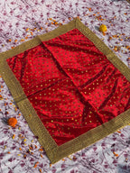 Red Velvet Square Aasan with Golden Mirror Border