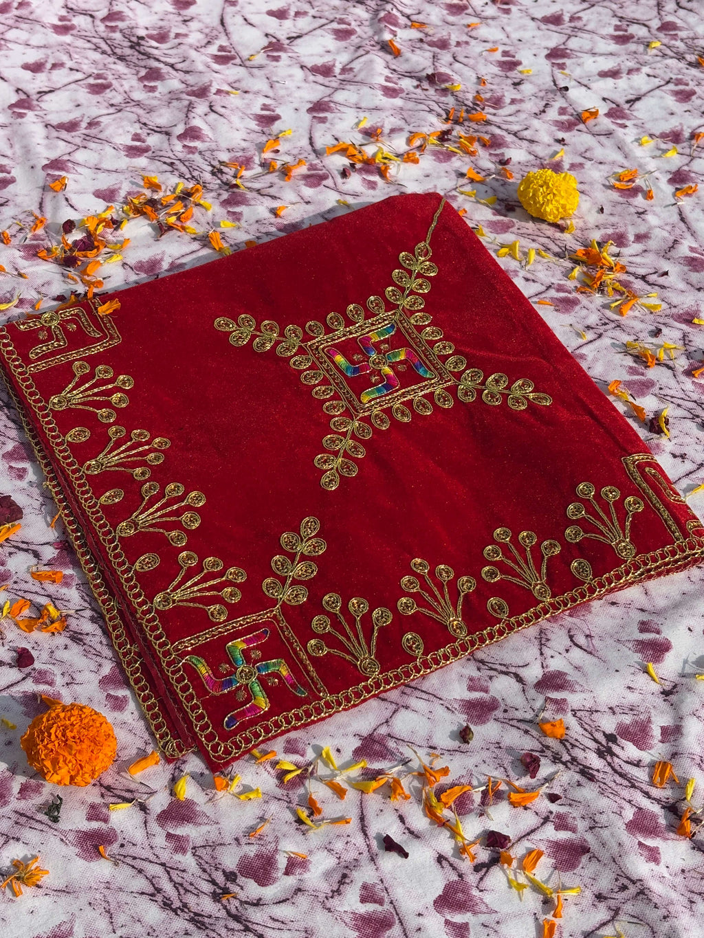 Velvet Red Swastik Embroidered Aasan Square