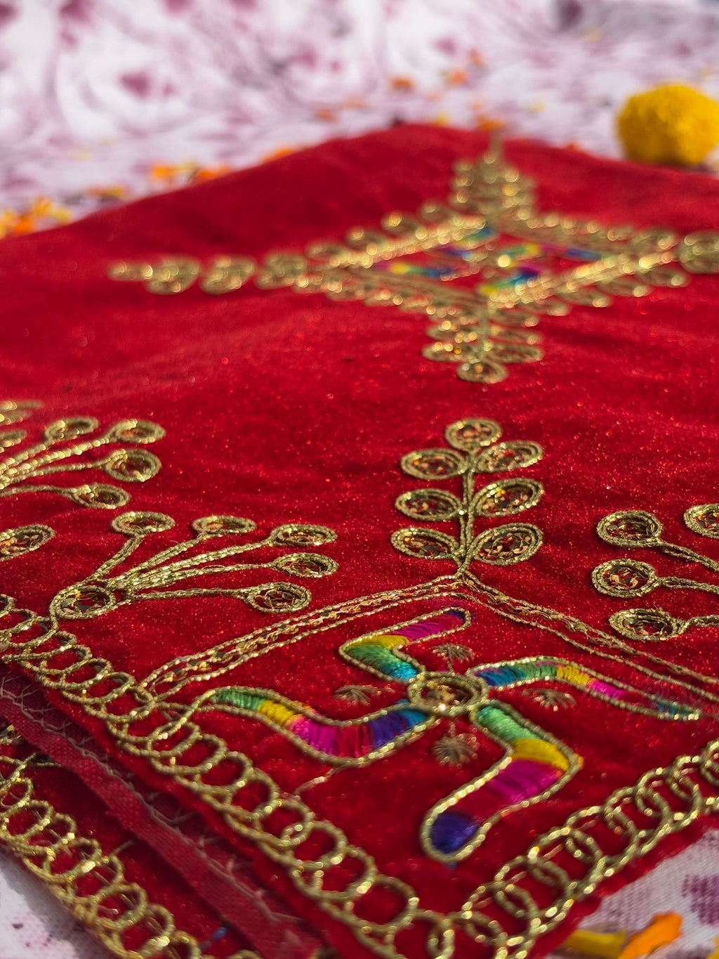 Velvet Red Swastik Embroidered Aasan Square